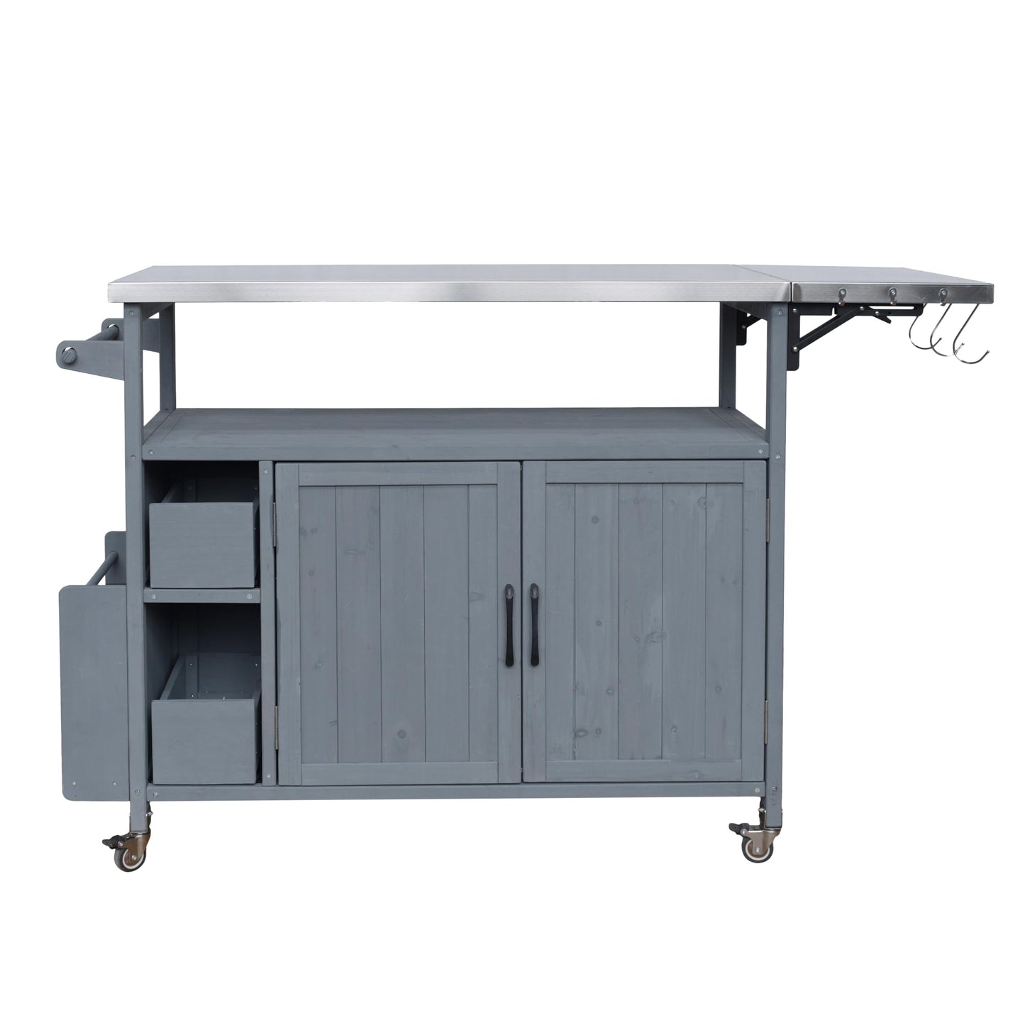 Christopher Knight Home Edsel Outdoor Bar Cart with Stainless Steel Top and Lockable Wheels, Solid Wood Outdoor Storage Cabinet, Kitchen Island Serving Cart for Poolside, Garden, Blue Gray