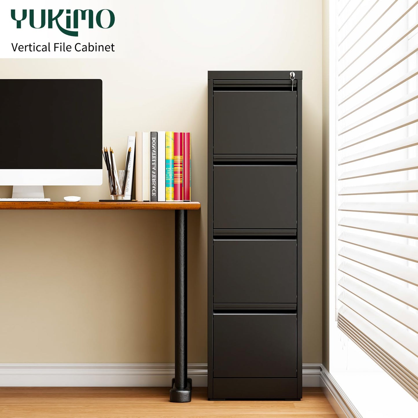 4 Drawer File Cabinet with Lock, Metal Vertical File Cabinets for Home Office, Office Furniture for Organization Hanging Legal/Letter/A4, Office File Cabinet Storage Cabinet, Require Assembly, Black