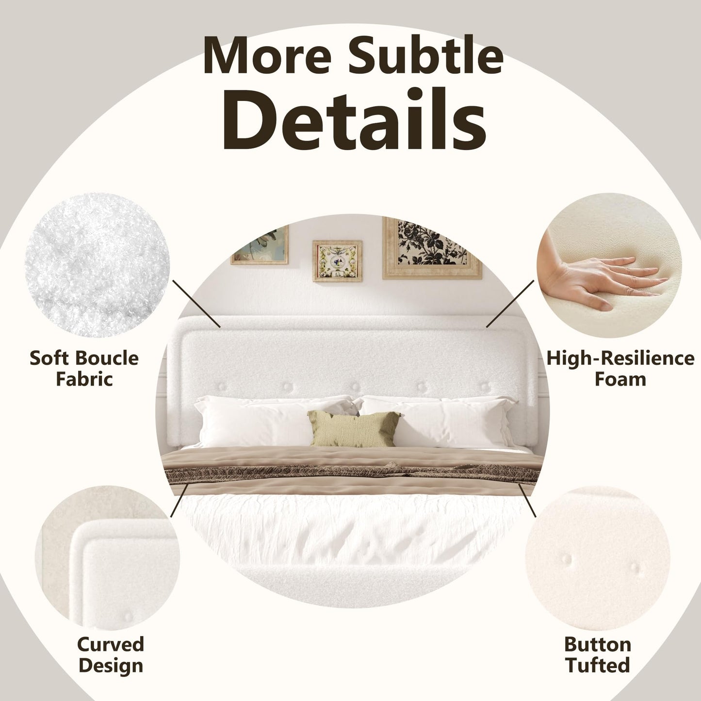 wirpexhowak King Size Boucle Bed Frame with Adjustable Headboard, Cloud Boucle Upholstered Platform Bed Frame, Rounded Corners Design & Easy Assembly, Box Spring Optional, Noise Free, White