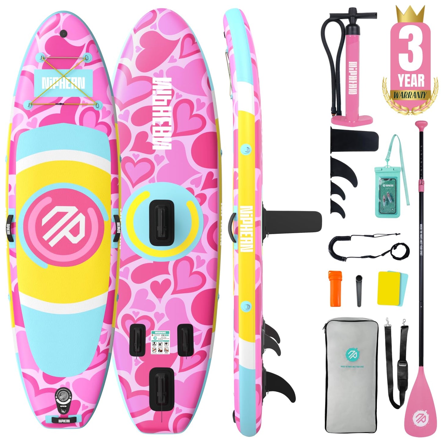 Niphean（Ultra-Light） Inflatable Paddle Board with StabilTrac Fin and Durable SUP Accessories, 10' Stand Up Paddle Boards for Adults & Youth, Versatile Yoga Paddle Board, Gift Ideas-Rainbow Heart