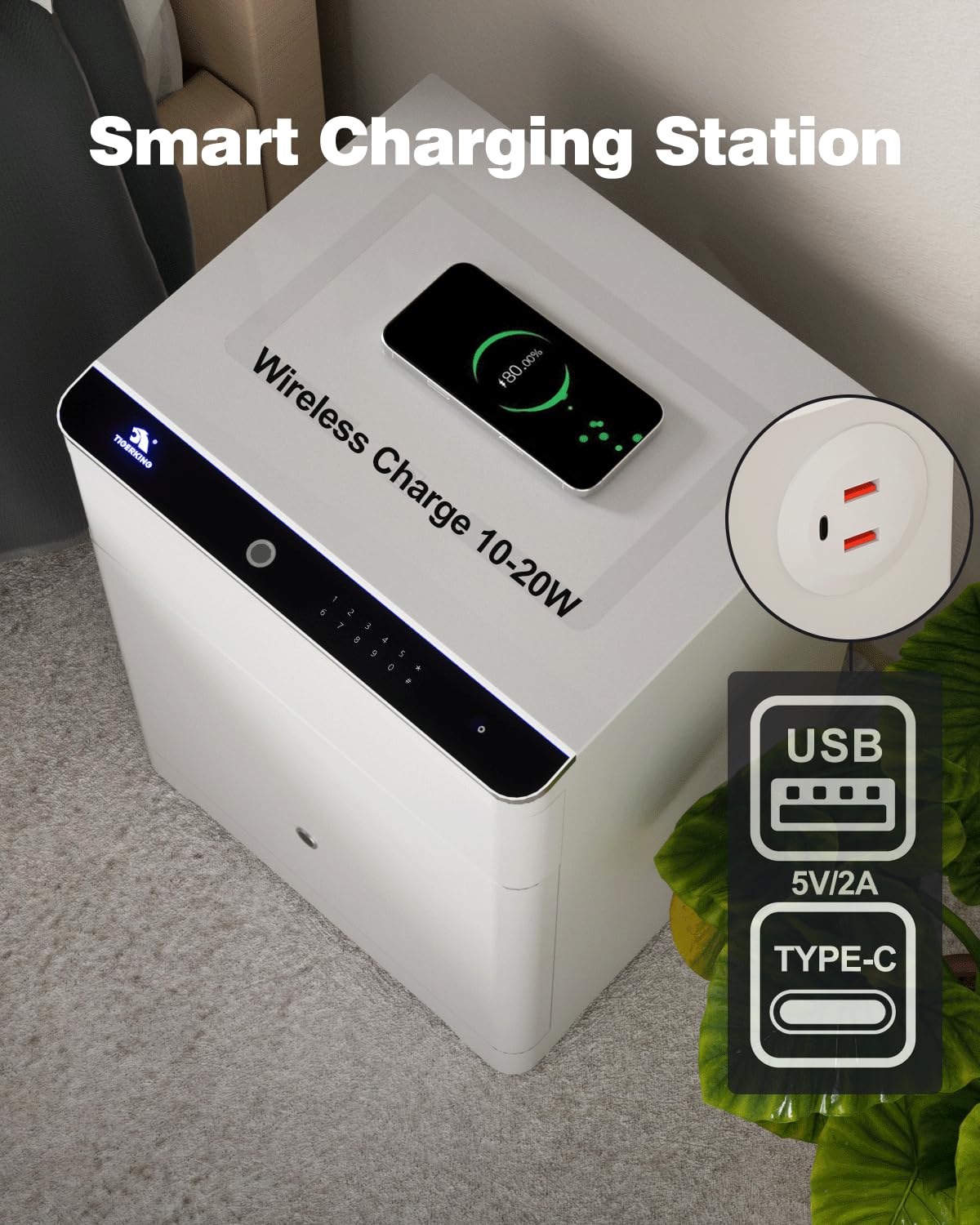 TIGERKING 3-in-1 Biometric Heavy Duty Safe, Lockable Drawer Gun Safes with Wireless Charging Station, Home Safe Adjustable Lighting with USB & Type-C Port for Bedroom Office, White