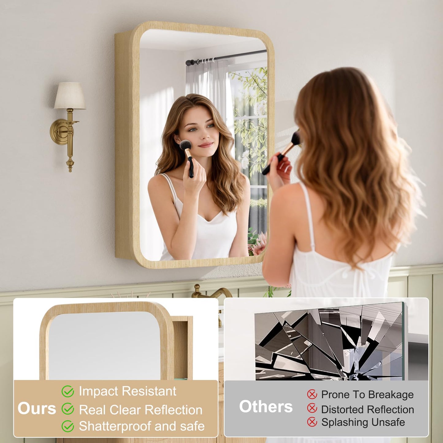 Keazile 20x28 Inch Wood Medicine Cabinet with Mirror, Surface or Recessed Mount Bathroom Mirror Cabinet, Adjustable Glass Shelves, Soft-Close Door, Rounded Corner, Fully Assembled, Oak