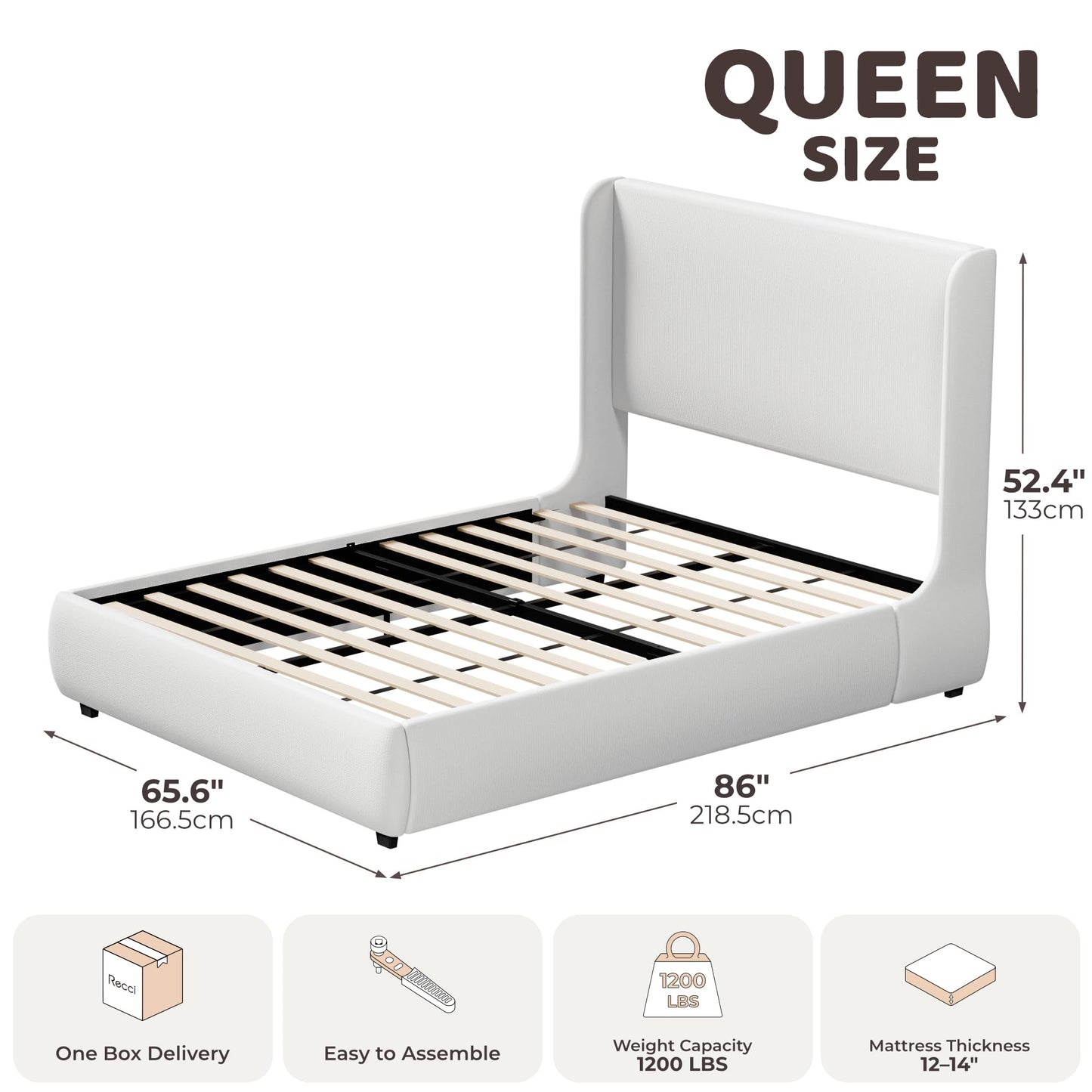 RECCI Queen Upholstered Wingback Bed Frame, 52” Tall Cushioned Headboard, Soft Edges, Low Profile Platform Bed, Sturdy Wood Slats, No Box Spring Needed, Ivory White Canvas
