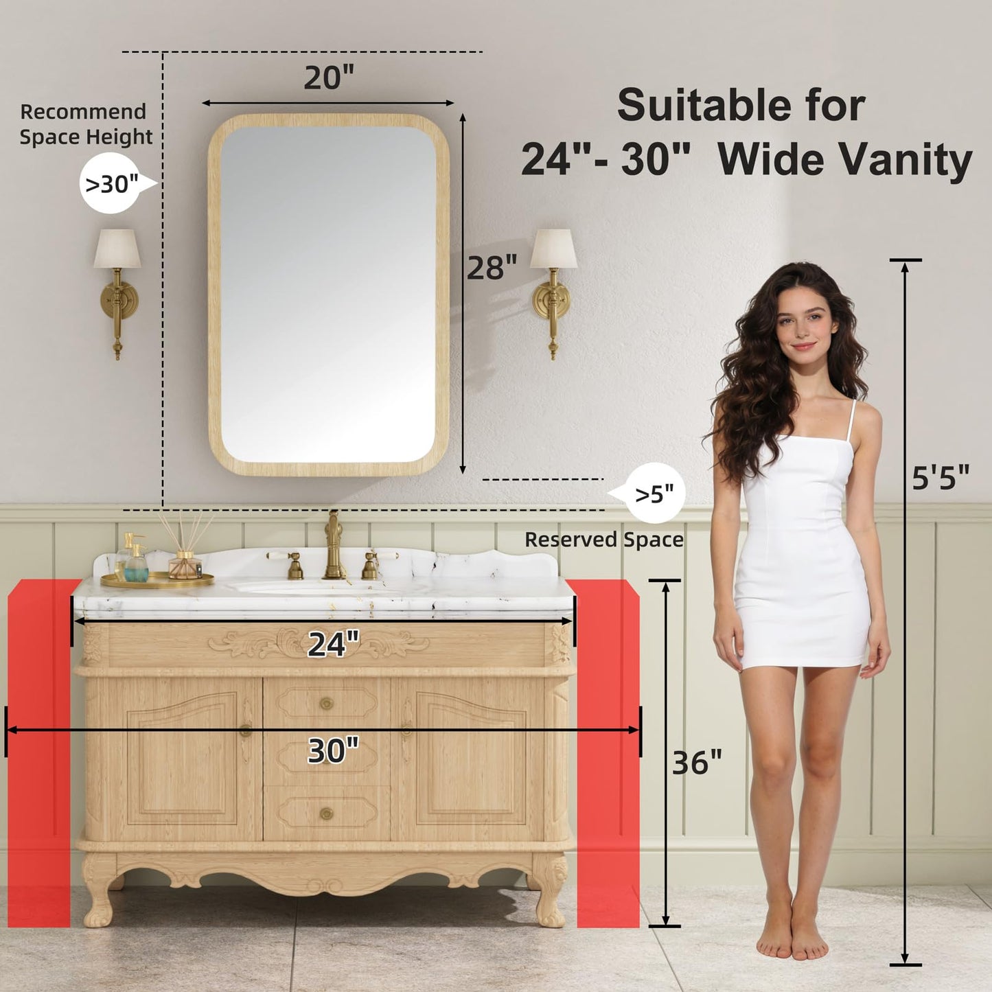 Keazile 20x28 Inch Wood Medicine Cabinet with Mirror, Surface or Recessed Mount Bathroom Mirror Cabinet, Adjustable Glass Shelves, Soft-Close Door, Rounded Corner, Fully Assembled, Oak