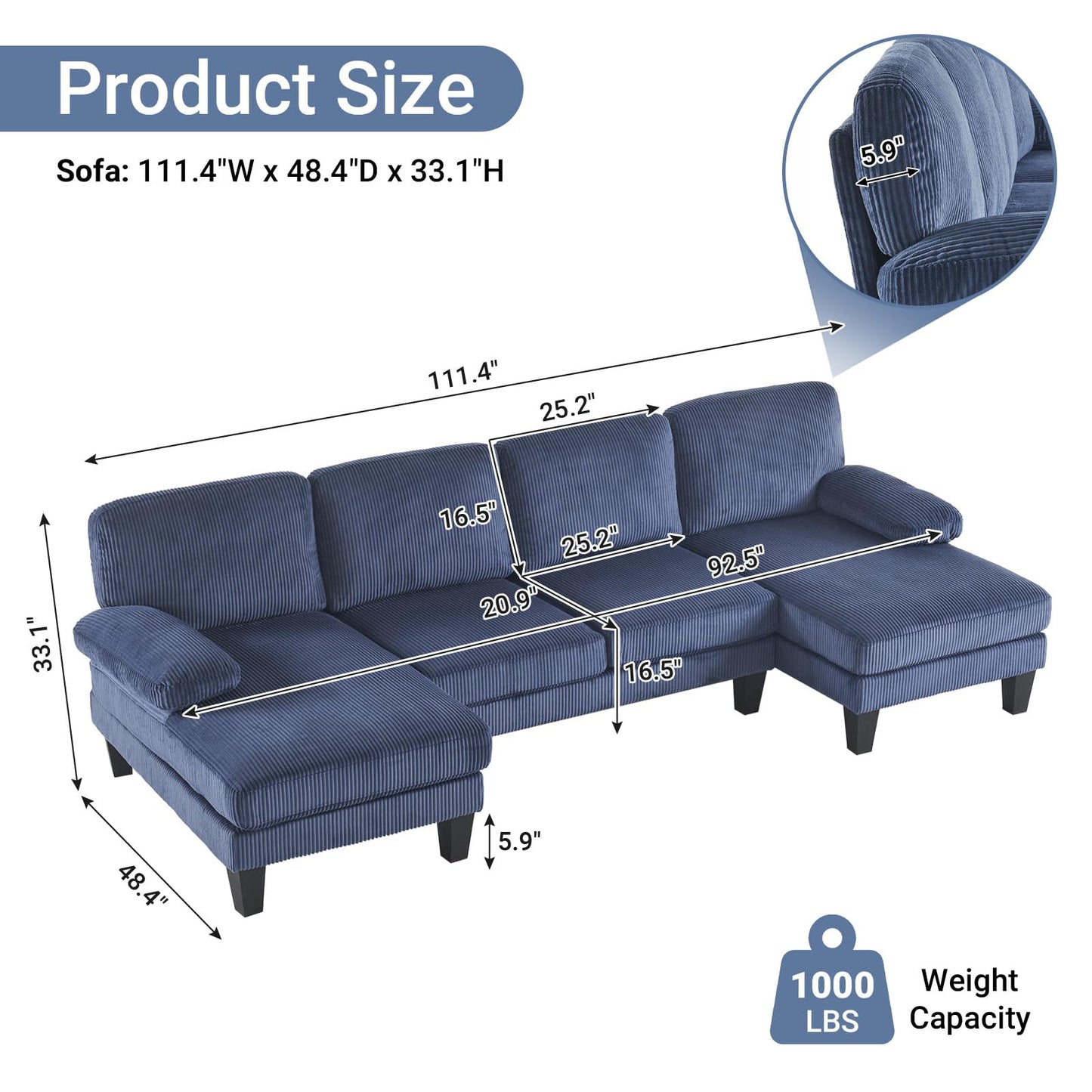 VINGLI 110" Sectional Couches for Living Room,U Shaped Couch with Double Chaise, 4-Seat Sofa Set with Corduroy Fabric for Home Furniture,Ocean Blue