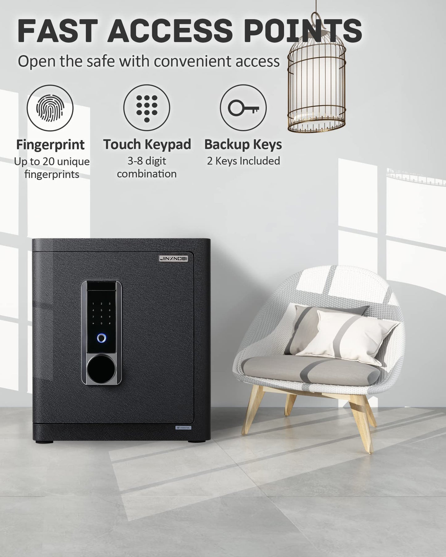 JINXNOBI Deluxe Biometric Safe with Fireproof Waterproof Bag,2.25 Cubic Feet Safe Box with Fingerprint Access,Security Lock for Home Office Hotel, 66lbs