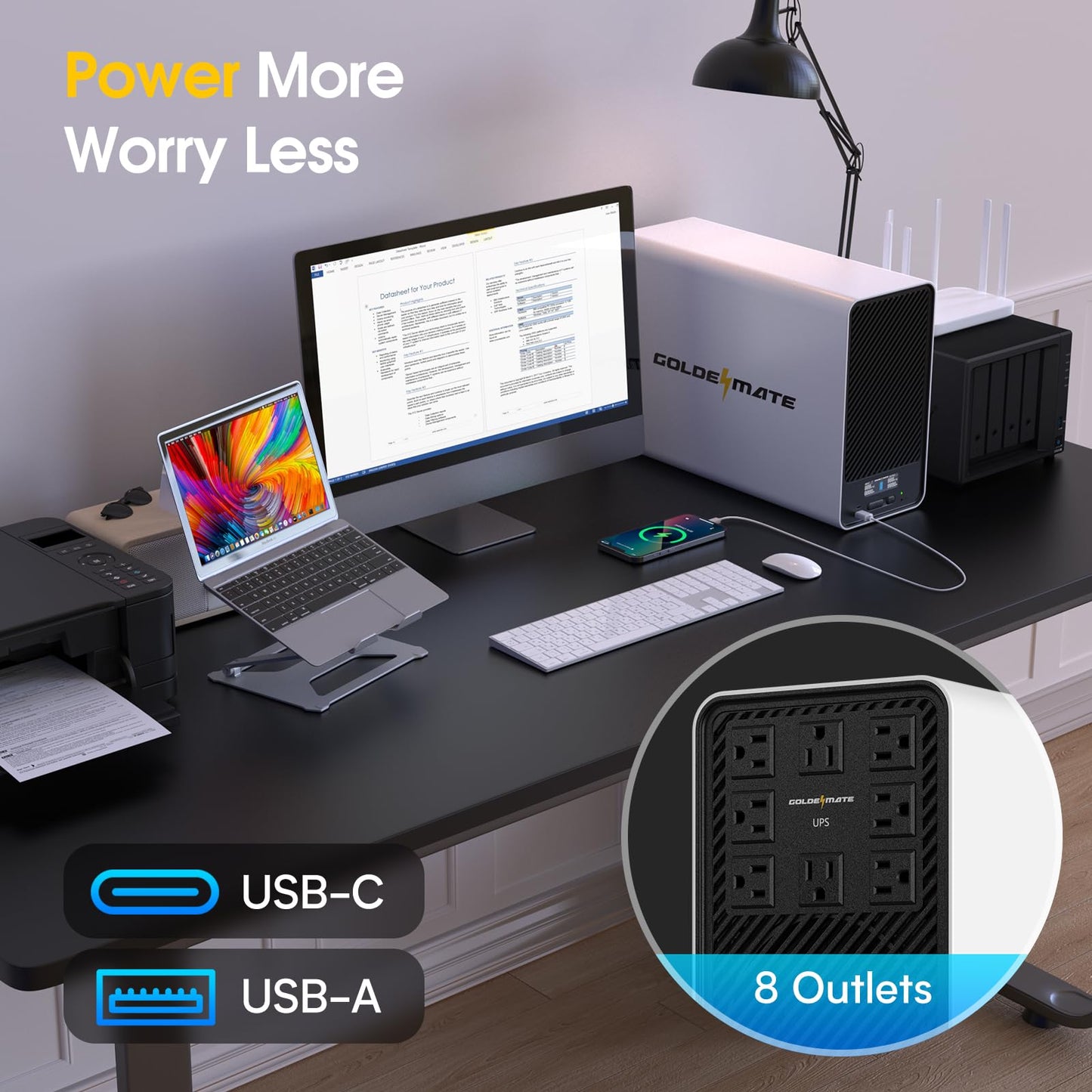 GOLDENMATE 2000VA/1600W Lithium UPS Battery Backup and Surge Protector, Backup Battery Power Supply with LiFePO4 Batteries(460Wh), AVR, Line Interactive Sinewave UPS System, 8 Outlets, LCD Display