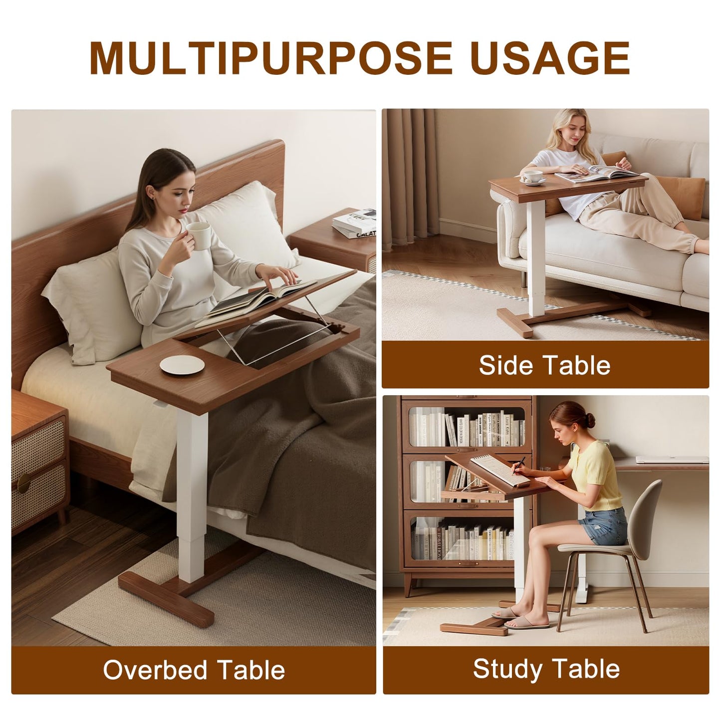 Muwuele Solid Wood Overbed Bedside Table with Wheels, Adjustable Medical Tilt Top Hospital Bed Table Over The Bed, Rolling Laptop Desk, Mobile Standing Desk for Hospital and Home Use (Walnut)