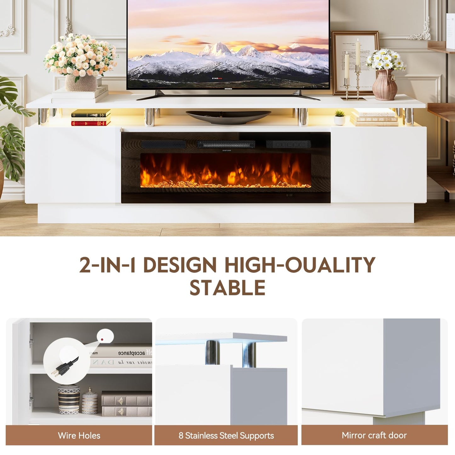 OneBlis 70" TV Stand & Entertainment Center, Media Console with Storage Shelves, Fits TVs up to 80", Modern Living Room Furniture, 36" Electric Fireplace (White+Black)