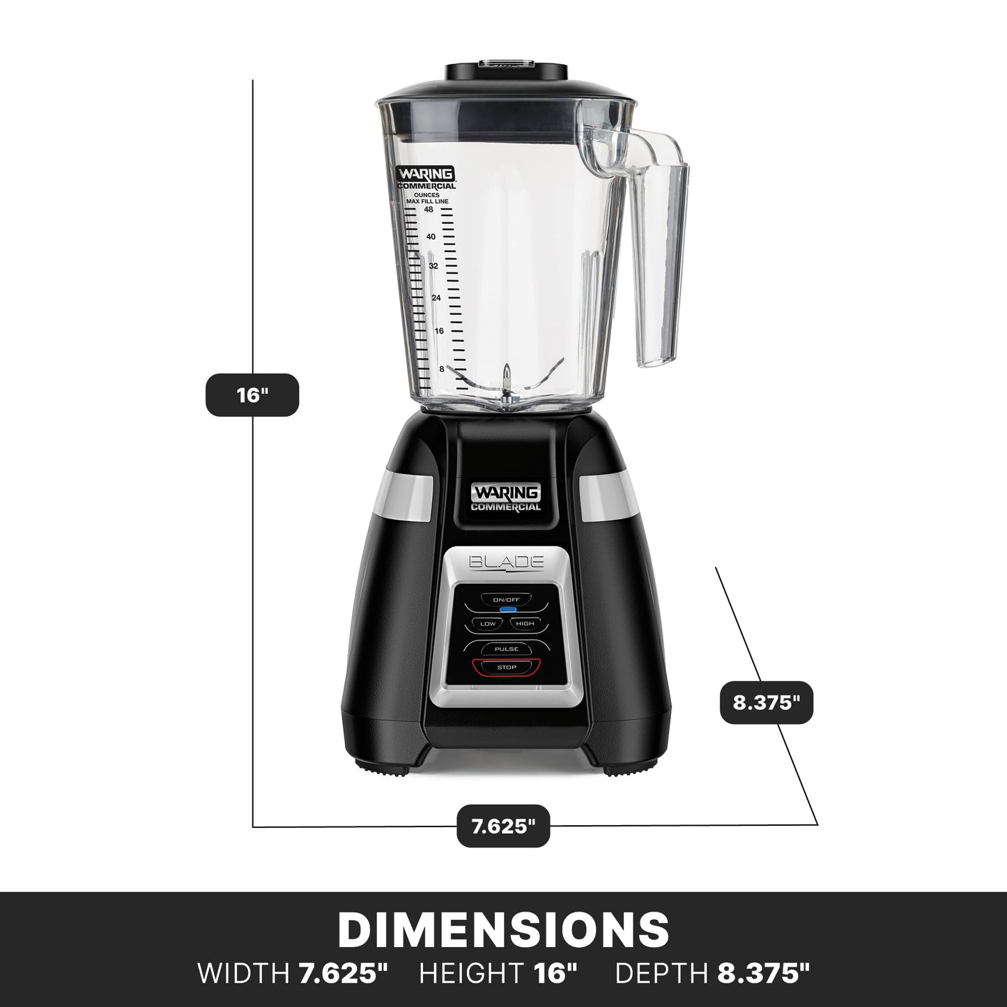 Waring Commercial BB320 Blade 1 HP Blender, Toggle Switch Controls with Pulse feature, 48 oz BPA Free Copolyester Stacking Container, 120V, 5-15 Phase Plug Black