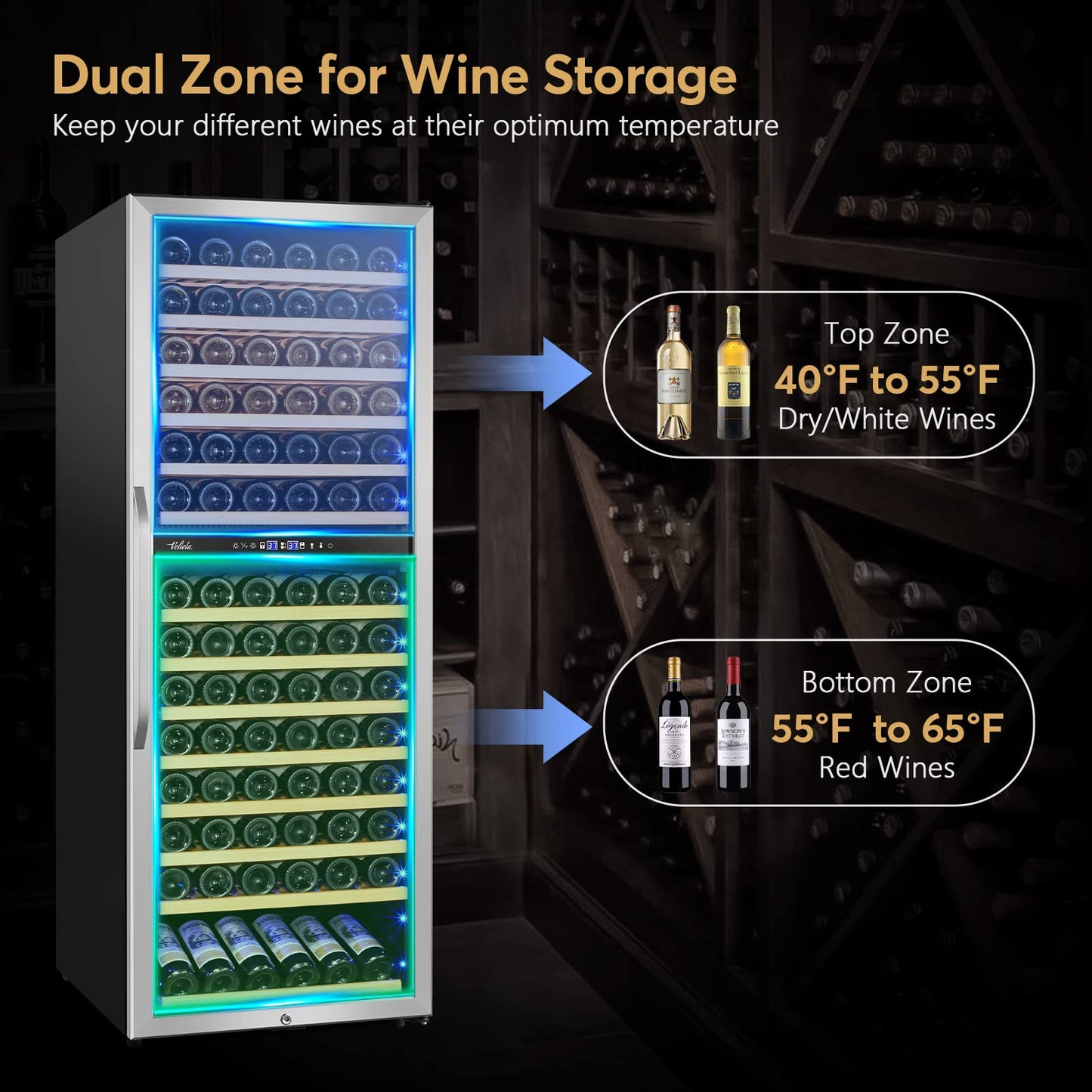 Velieta 24 Inch Wine Cooler Fridge Dual Zone, Professional Large Capacity High Wine Refrigerator with Powerful Compressor, Quiet Operation and Elegant Design-KMHJ408D