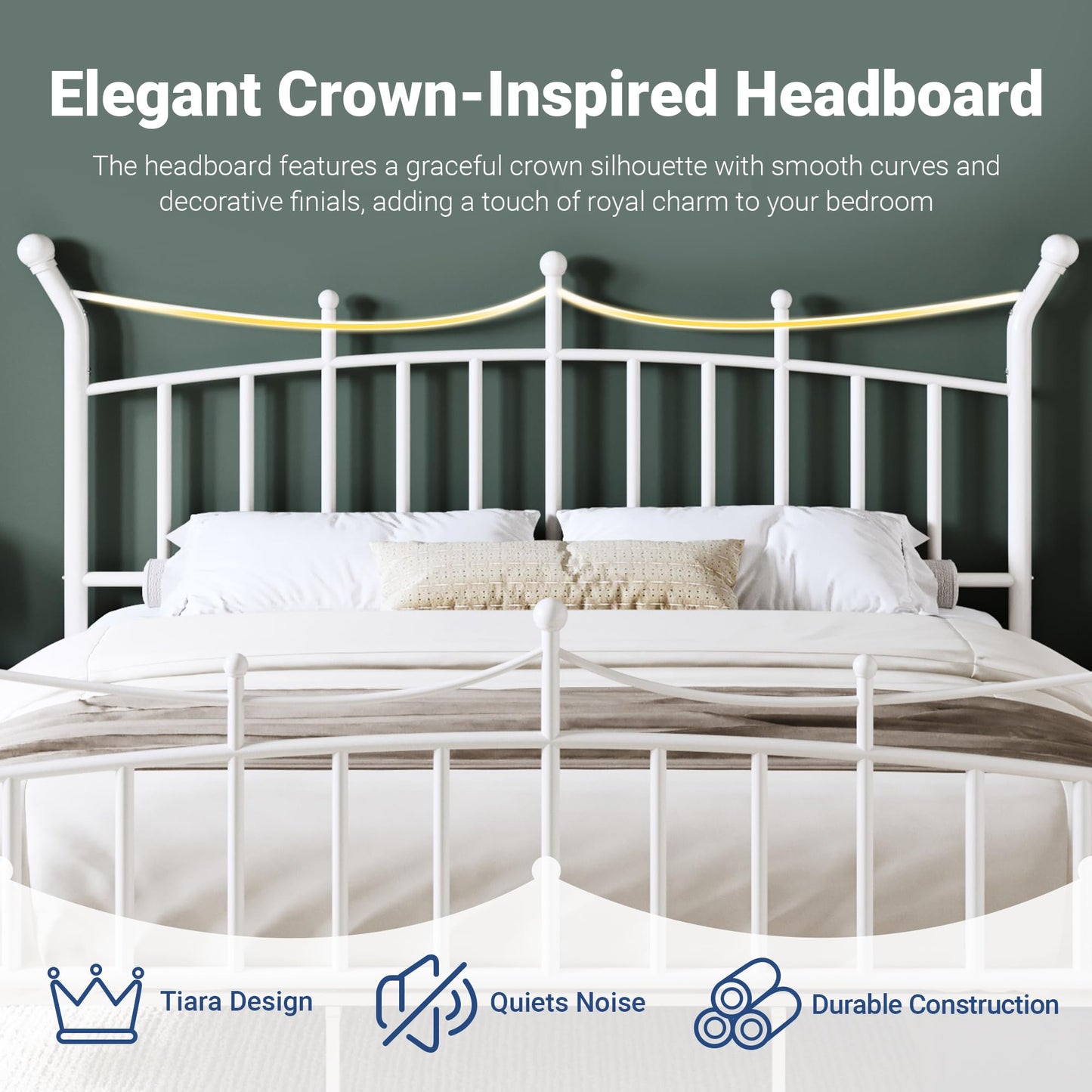 Allewie 14 Inches King Size Metal Platform Bed Frame with Elegant Crown Iron-Art Headboard & Footboard, Sturdy Mattress Foundation with Under-Bed Storage, Easy Assembly, No Box Spring Needed, White