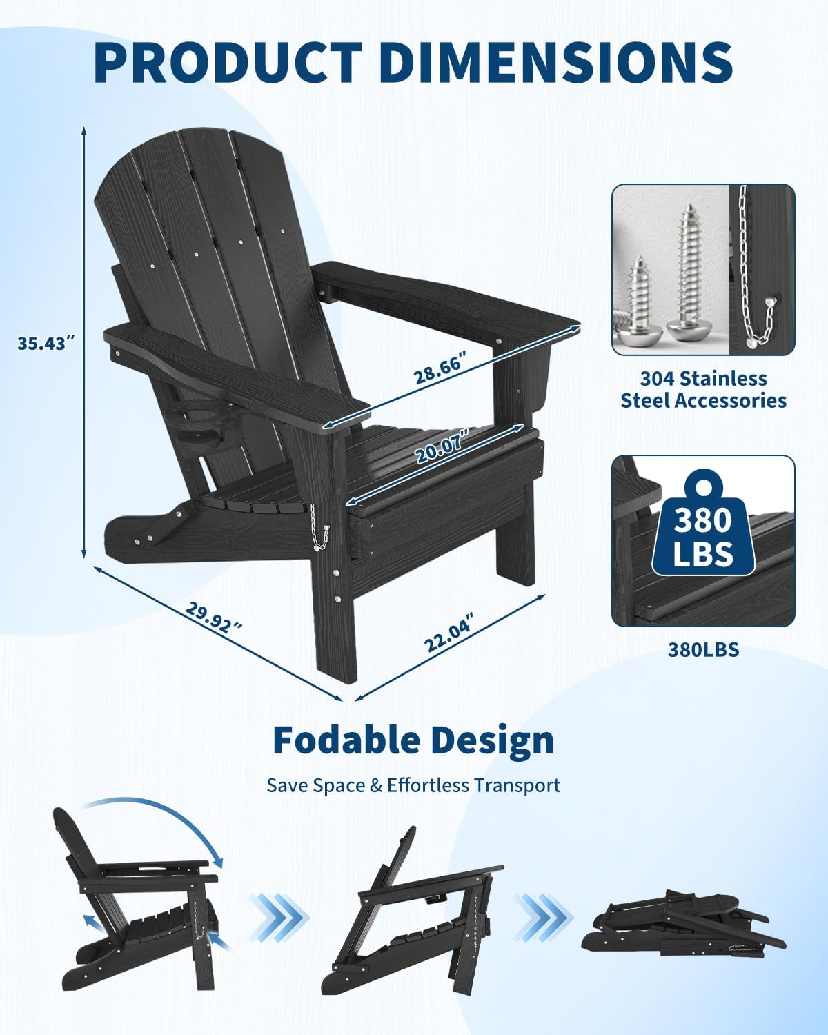 GarveeLife Folding Adirondack Chair Set of 4 with 2 Side Table, All-Weather HDPE Outdoor Chair, Wooden Textured with Cup Holder for patios, Decks, Gardens, fire pits, Black