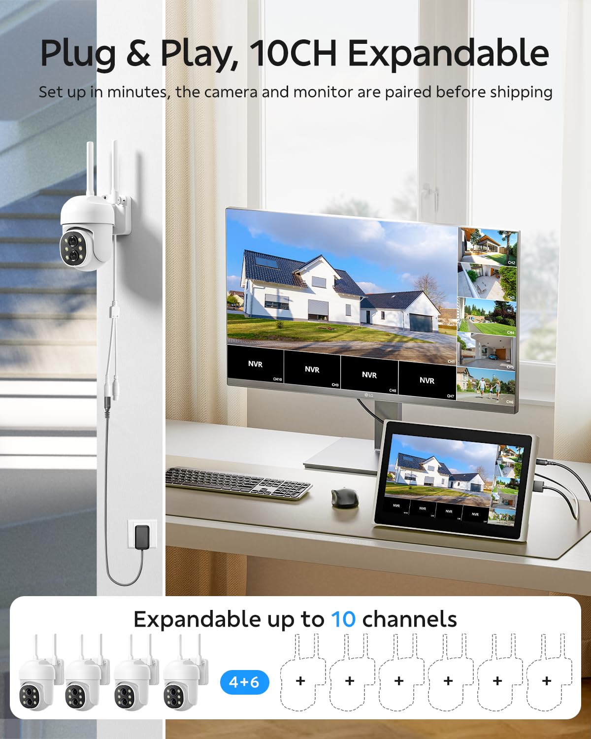 Camcamp Wireless Security Camera System with Monitor,10x Zoom 5MP Dual Lens Security Camera Outdoor with Night Vision,Motion Detection,Expandable 10CH 4K NVR.for Home Surveillance Kits Indoor/Outdoor