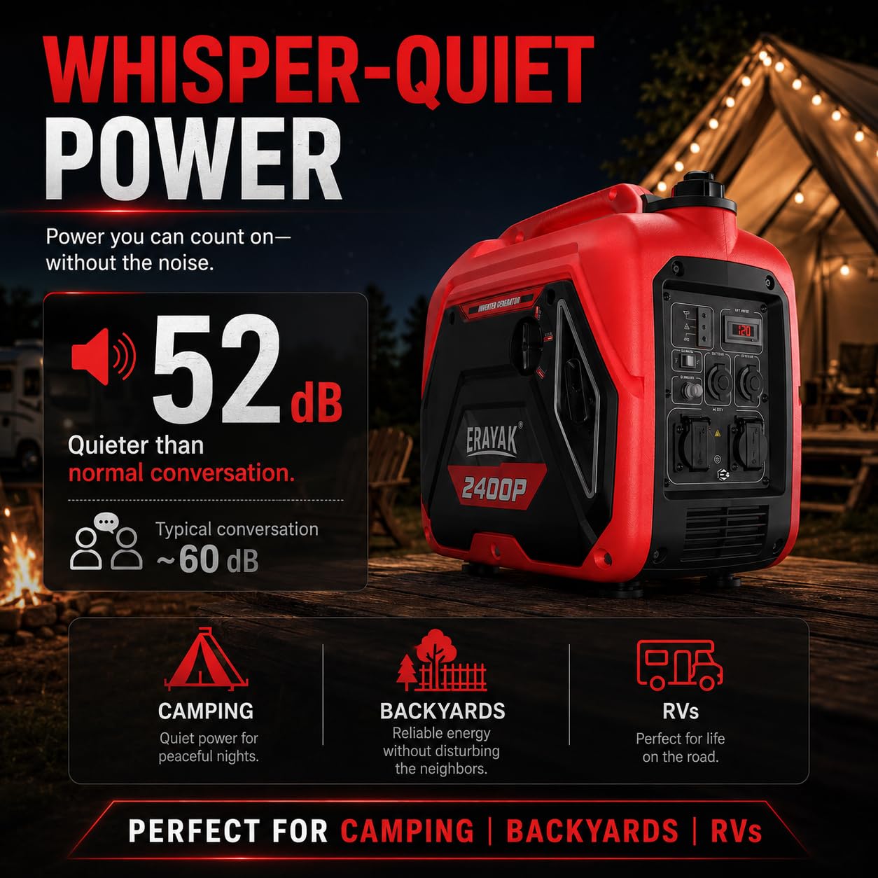 ERAYAK 2400W Portable Inverter Generator for Home Use, Super Quiet Small Generator for Camping Outdoor Emergency Power Backup, Gas Powered Engine, EPA, ECO Mode