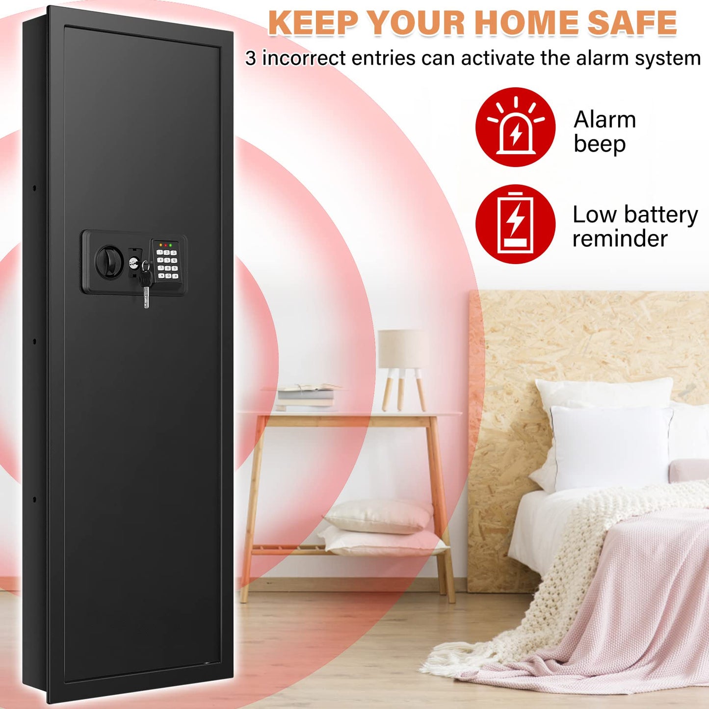 43.3" Tall Fireproof Wall Safes Between the Studs 16" Centers, Electronic Hidden Safe with Removable Shelf, Fireproof in Wall Safe for Money Jewelry Passport