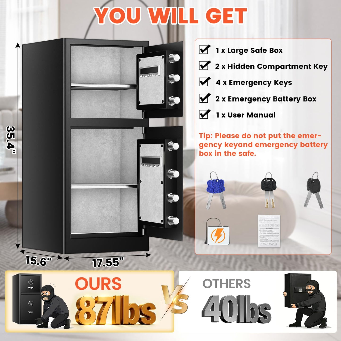 [𝟐𝟎𝟐𝟔 𝐍𝐞𝐰] 9.5 Cu Ft Extra Large Home Safe Fireproof Waterproof with [DOUBLE SAFES], Heavy Duty Digital Security Box with [Hidden Compartment], Fireproof Safe for Home Business Office USE