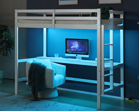 VINGLI Loft Bed with Desk, Wood Bunk Bed Twin Size with RGB LED for Adults, 2 Charging Station on High Guardrail and Desk,Wood Slat Support, White
