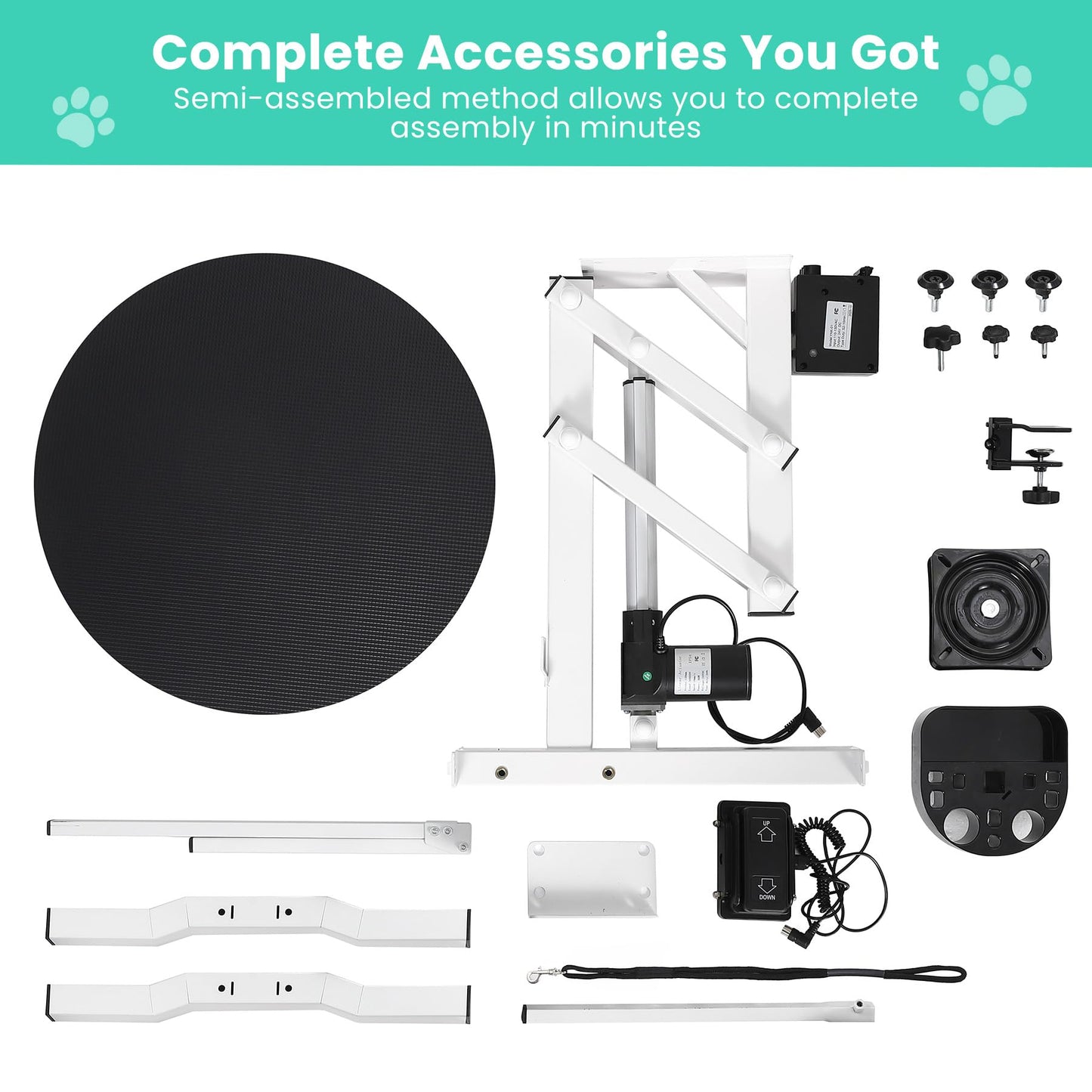 ActiveTrail Electric Hydraulic Lift Dog Grooming Table – 24 Inch Rotating Desktop, Overhead Arm, Foot Remote, Tool Organizer, 250LBS Capacity – Ideal for Small Pets