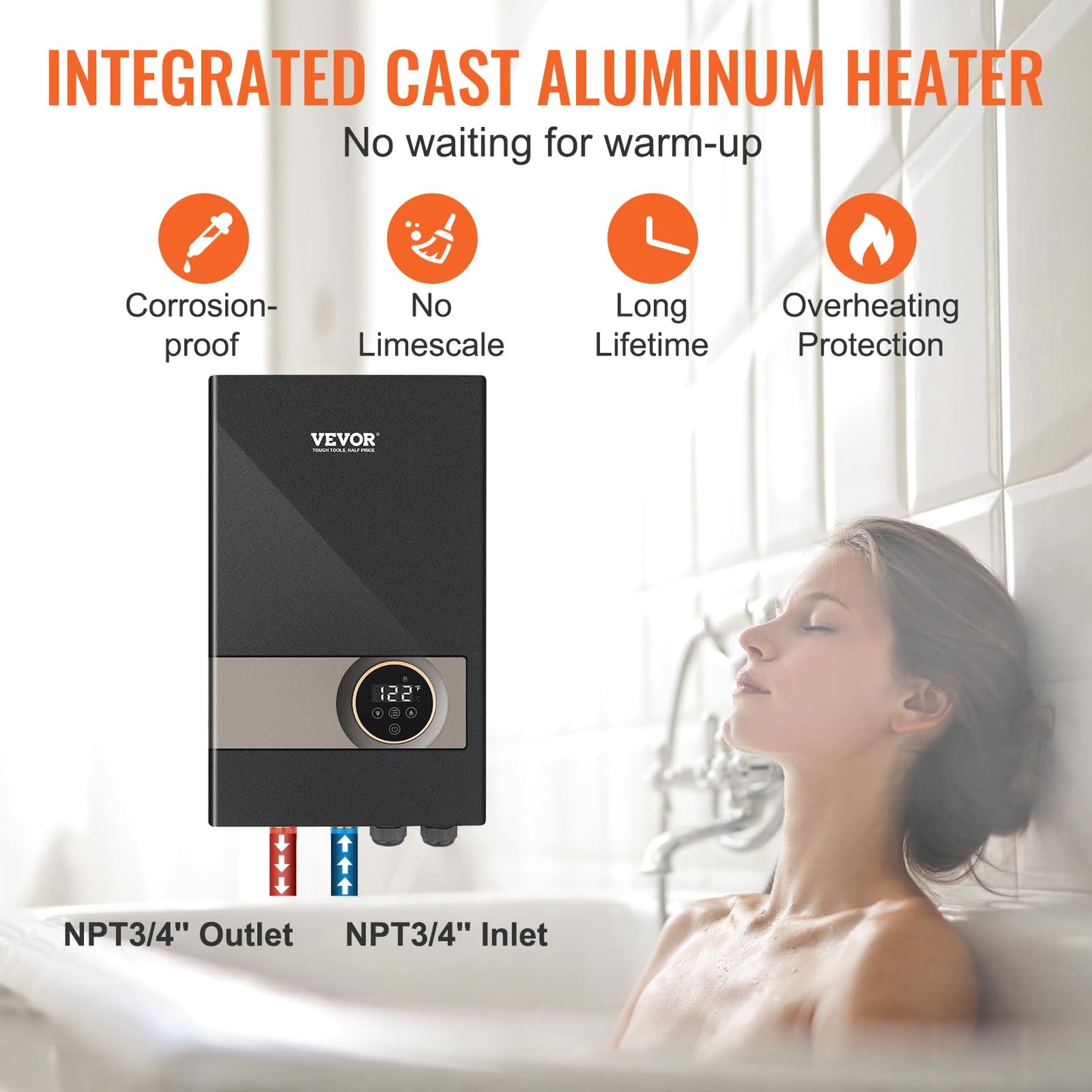 VEVOR Tankless Water Heater Electric, 18KW 240V Black Instant Water Heater, LCD Touch Screen, Digital Temperature Display, Child Security Lock, On Demand for Bathroom, Kitchen, Shower, Mall, Salon