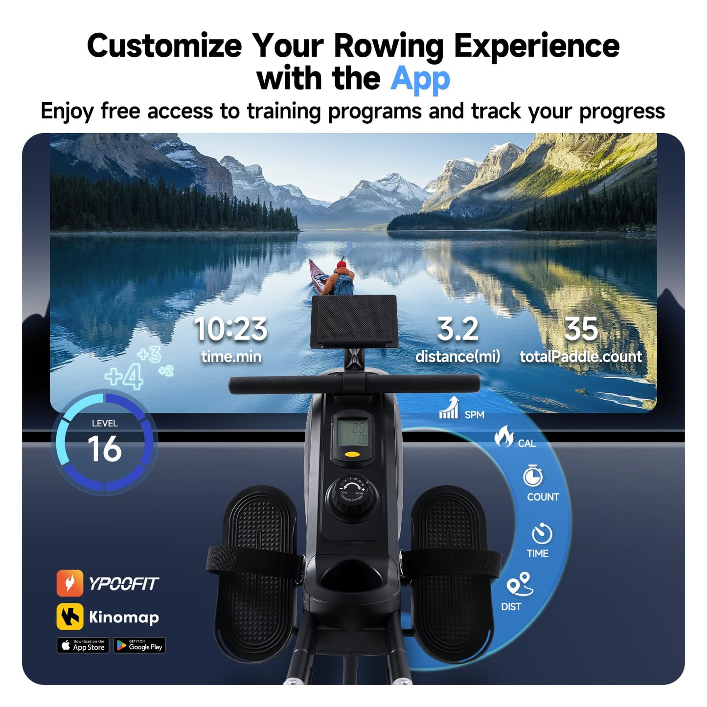 YPOO Rowing Machine for Home, 350 LB Capacity, 16-Level Silent Resistance, Magnetic Rowing Machines for Home Foldable, Full-Body Workout Compact Rowing Machine for Cardio & Strength with APP Support