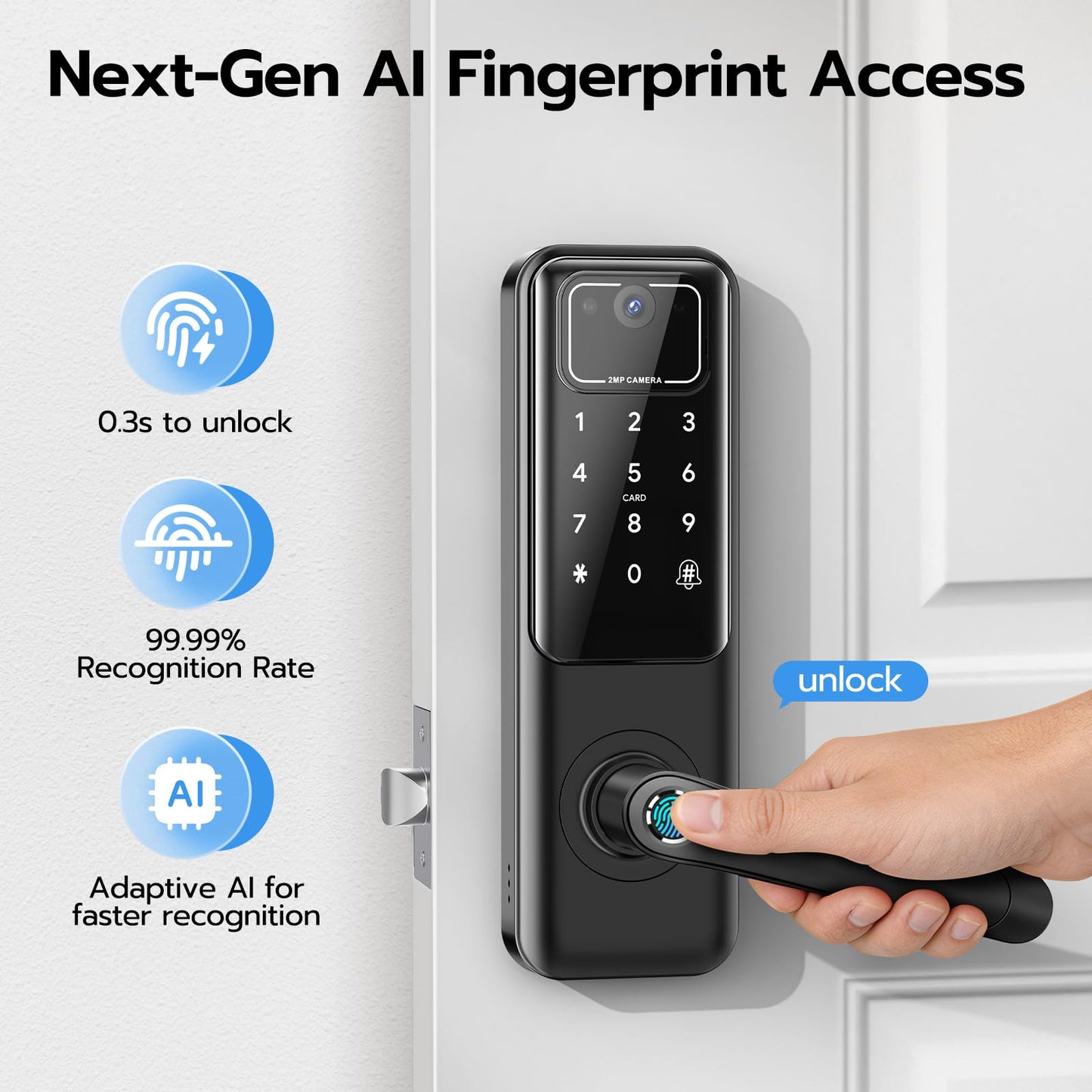 WiFi Video Smart Door Lock with Camera & Doorbell, Keyless Entry Fingerprint Lock with Handle for Front Door, Nyboer Keypad Electronic Digital with Rechargeable Lithium Battery, Easy Installation