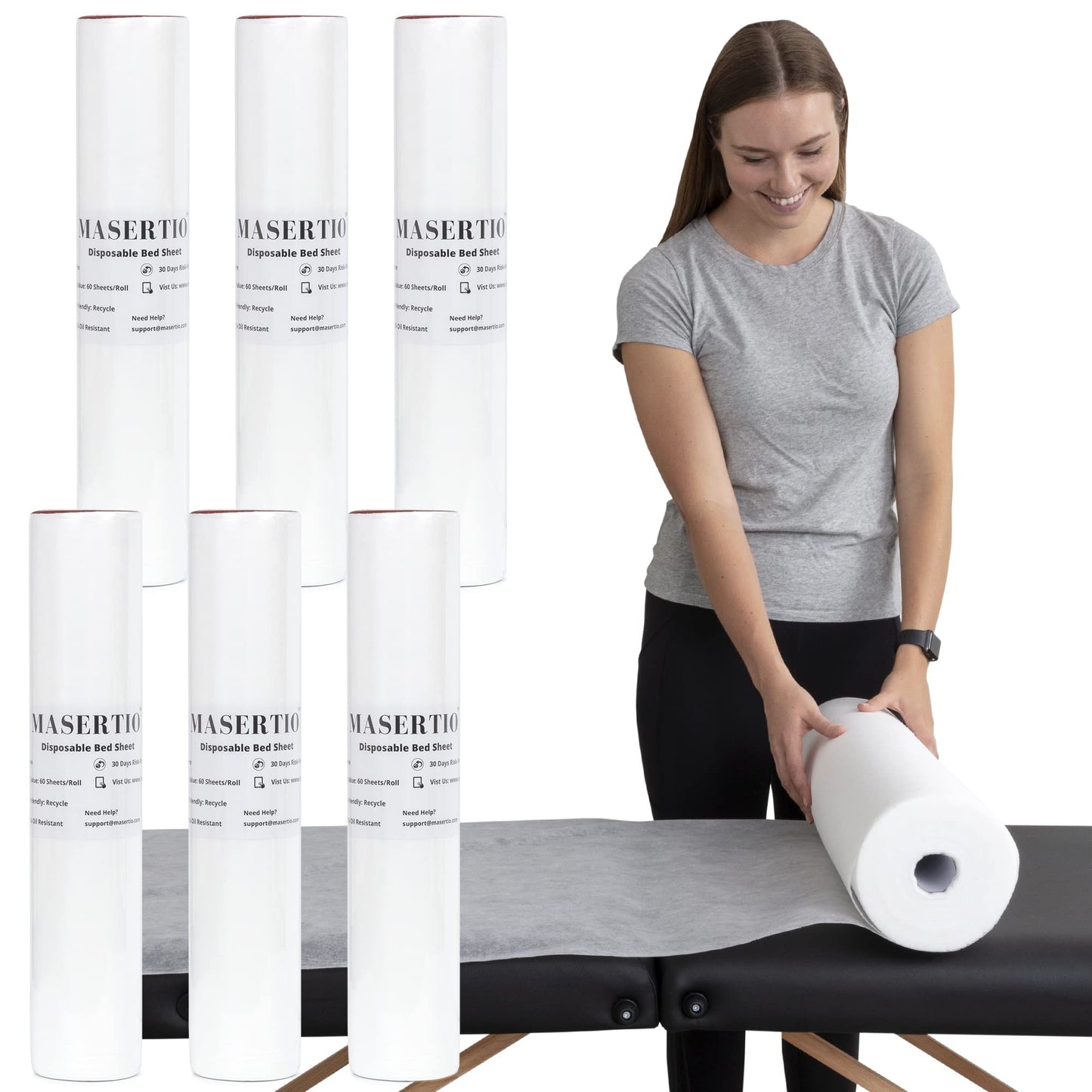 MASERTIO Disposable Massage Bed Cover - 60 Sheets Per Roll, Non-woven Disposable Material - Ideal for Spa, Massage Table, Tattoo, Waxing Table - No Crinkle Table Sheets - 31.5 x 71 Inches (6 Rolls)