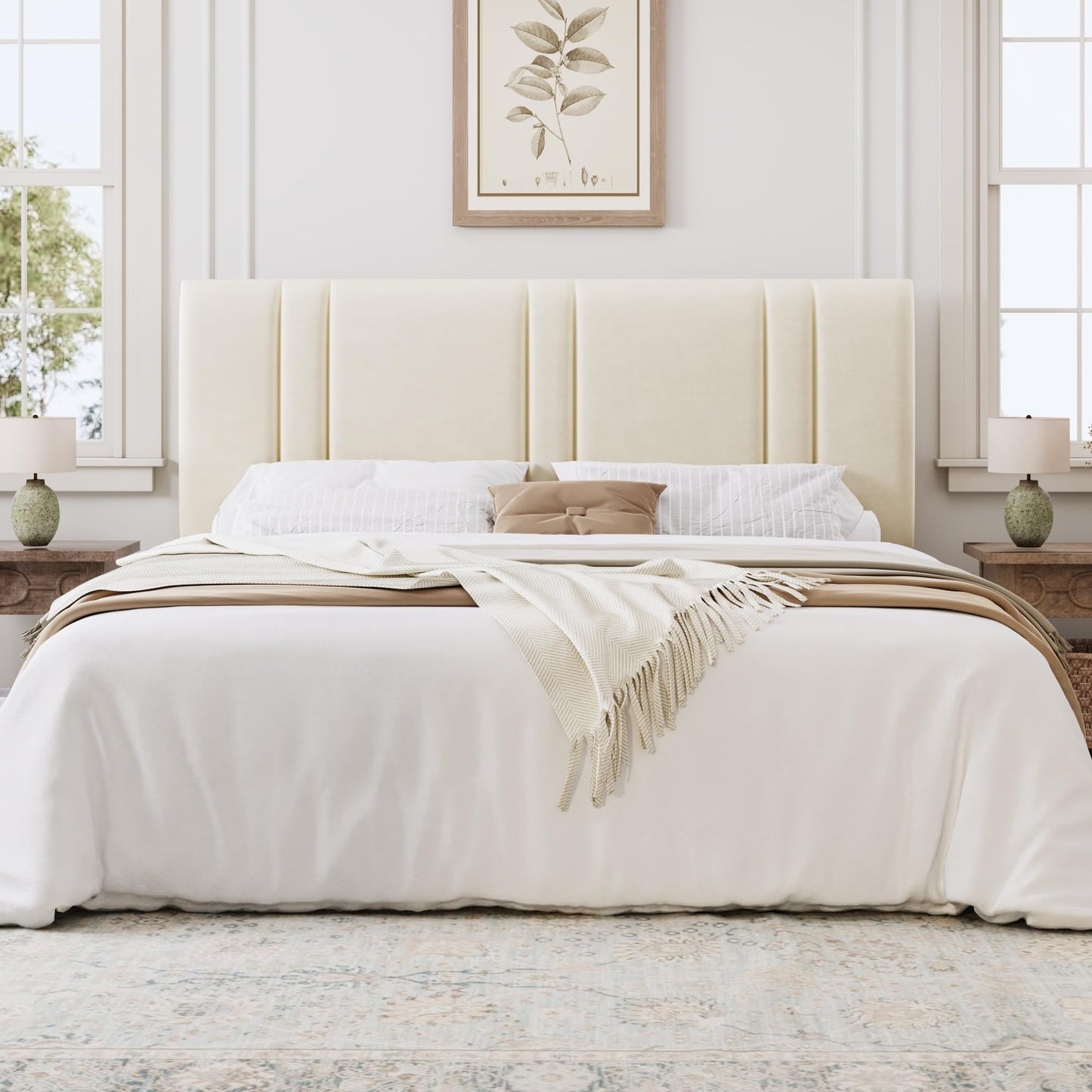 SHA CERLIN King Size Platform Bed Frame, Velvet Upholstered Bed with Adjustable Headboard, Vertical Channel Tufted Design, Sturdy Wood Slat Support, No Box Spring Needed, Easy Assembly, Cream White