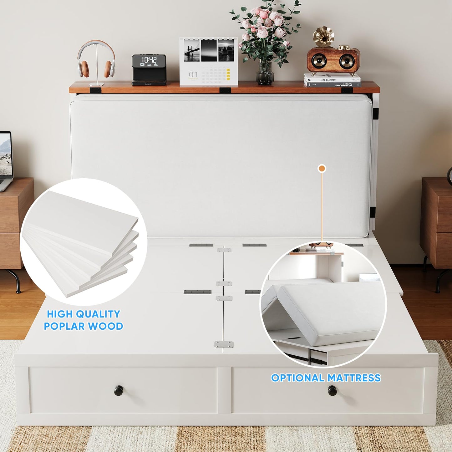 PUREMIND Murphy Bed Queen with Mattress Included, X Frame Cabinet Beds Chest with Charging Station & Storage Drawers, Convertible Hideaway Cabinet Bed for Guest Room, White