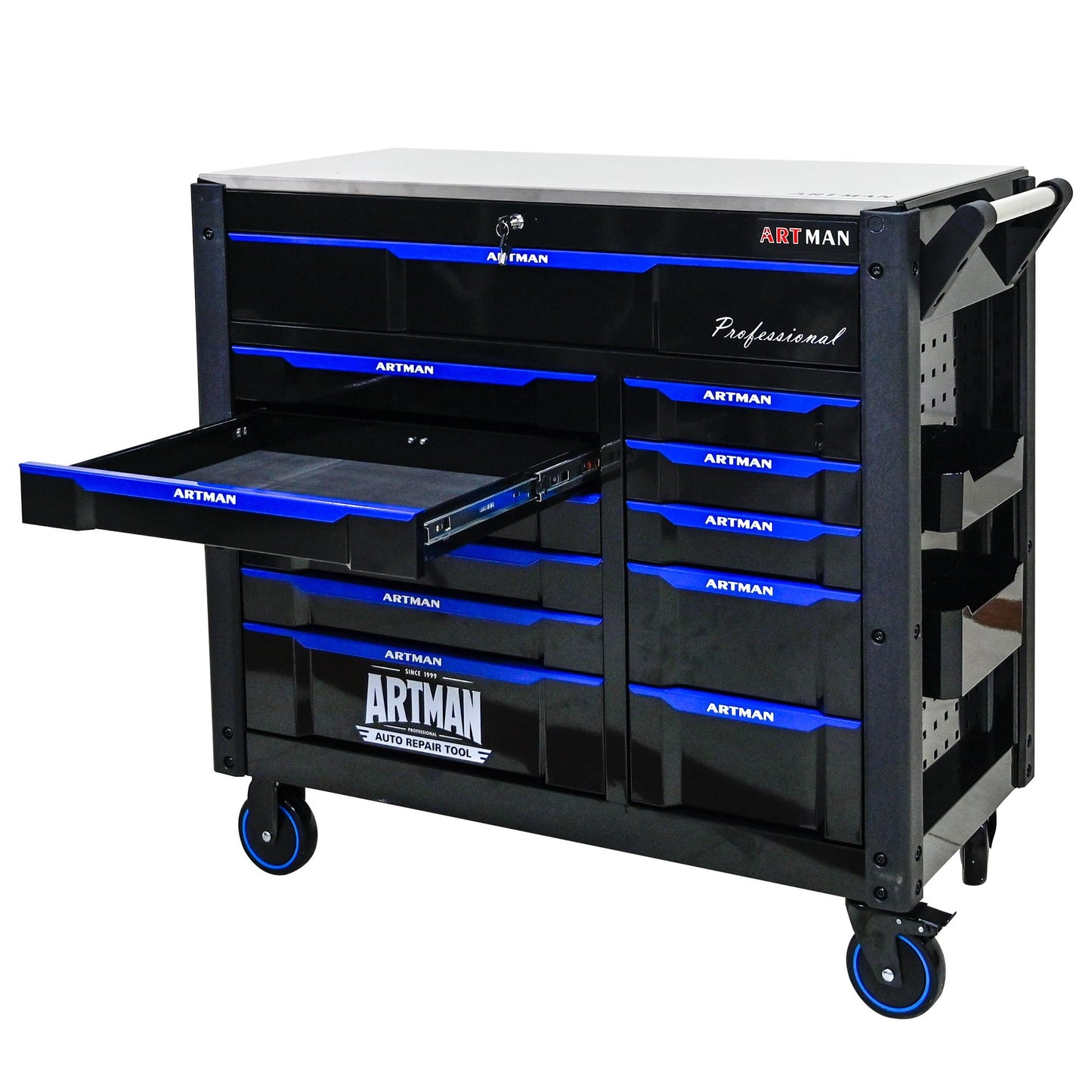 KEIKI 12 Drawer Rolling Tool Cart with Wooden Top, Metal Tool Cabinet with Wheels and Handle, Heavy Duty Storage Organizer for Garage Workshop (Black&Blue)