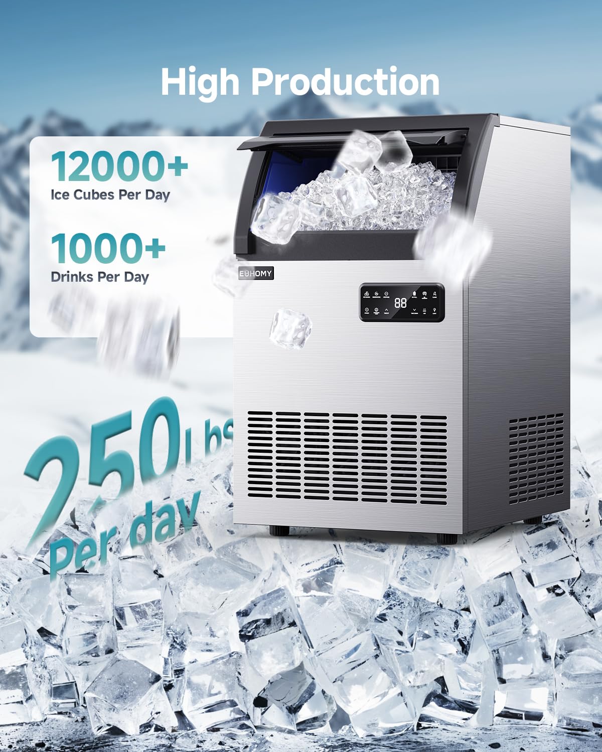EUHOMY Commercial Ice Maker,250lbs/24H,Stainless Steel Under Counter Ice Machine with Water Filter,33lbs Storage Capacity, 84 Cubes in 8-12 Mins, Freestanding Ice Machine for Home/Bar/Cafe/Restaurant