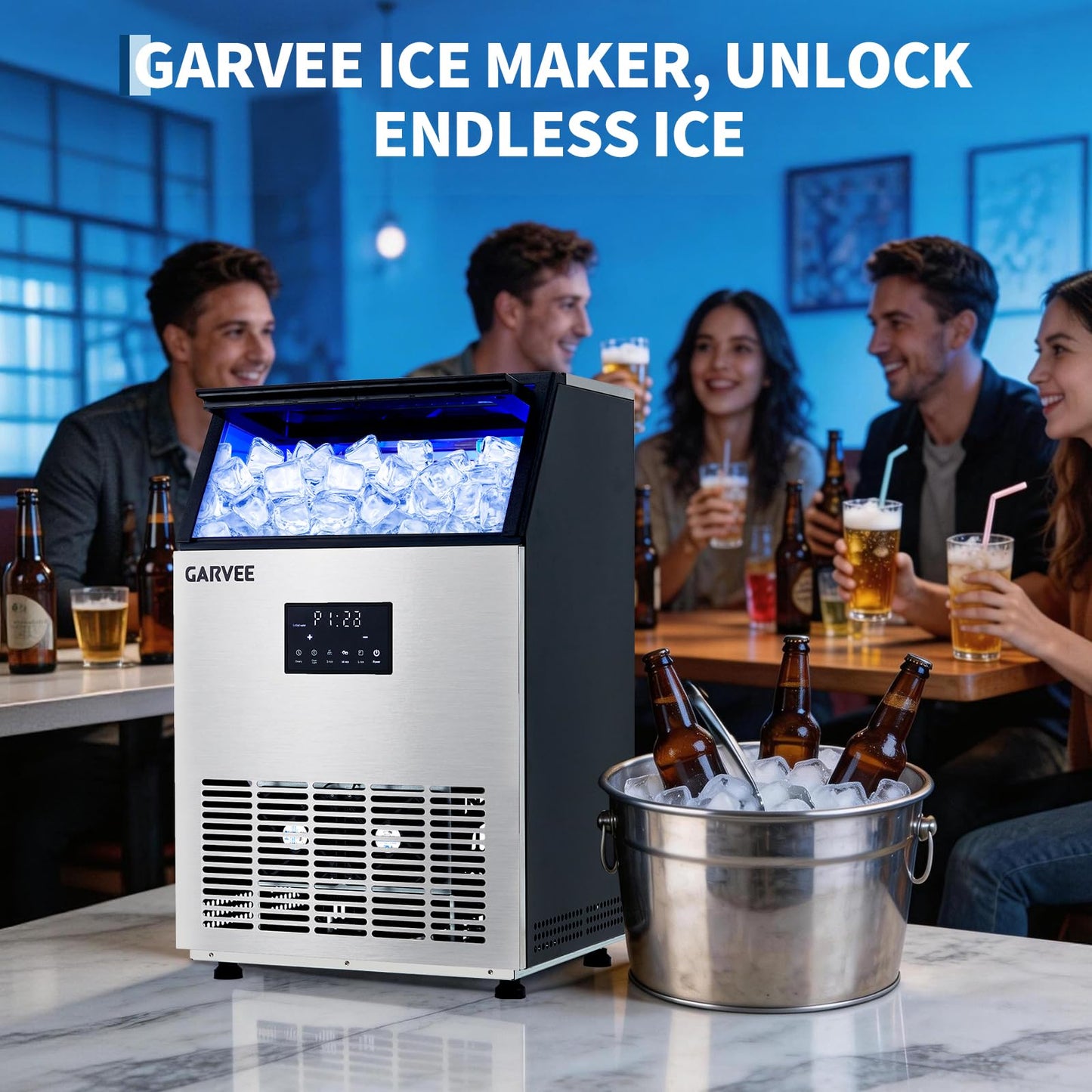 Commercial Ice Maker Machine, 150 lbs/24h with 40 lbs Storage Capacity, Stainless Steel Ice Maker with Self-Cleaning & LED Display, Built-in/Freestanding/Under Counter,for Home Bar Restaurant