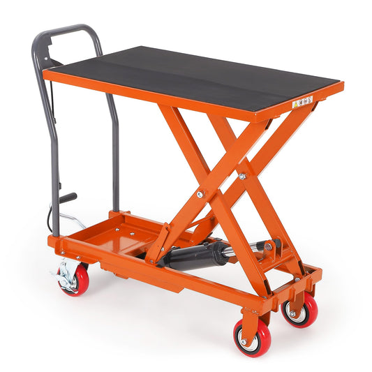 Garvee Hydraulic Lift Table Cart, 500 LBS Capacity 28.5 in Lifting Height Single Scissor Lift Table with 4 Swivel Wheels & Non-Slip Pad, for Material Handling and Transportation, Orange