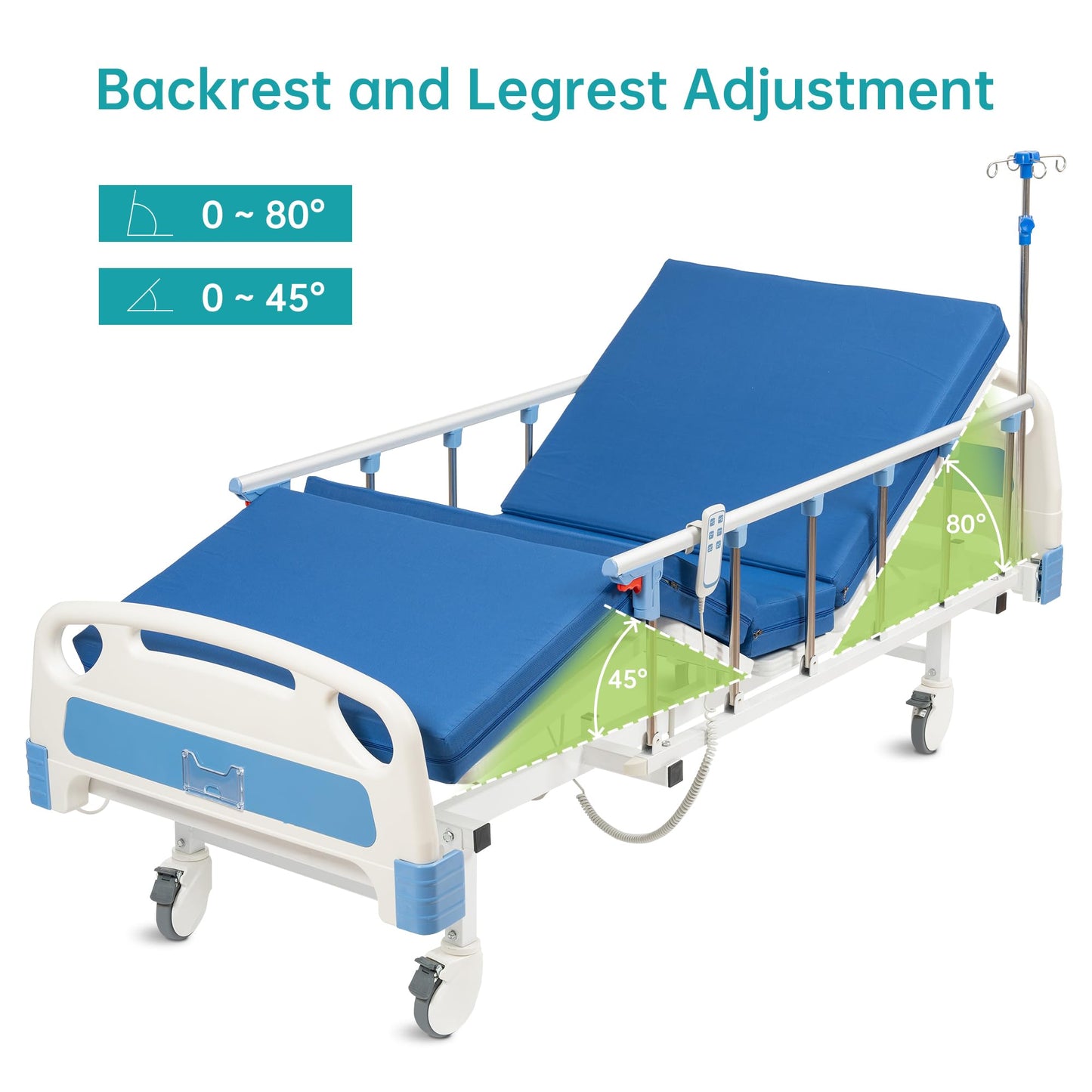 ELENKER Full Electric Hospital Bed for Home Use, ICU Medical Bed, Premium 2 Function Hospital ICU Bed with Remote Control, Quiet Wheels, IV Pole, Mattress, 5-Inch Lockable Casters