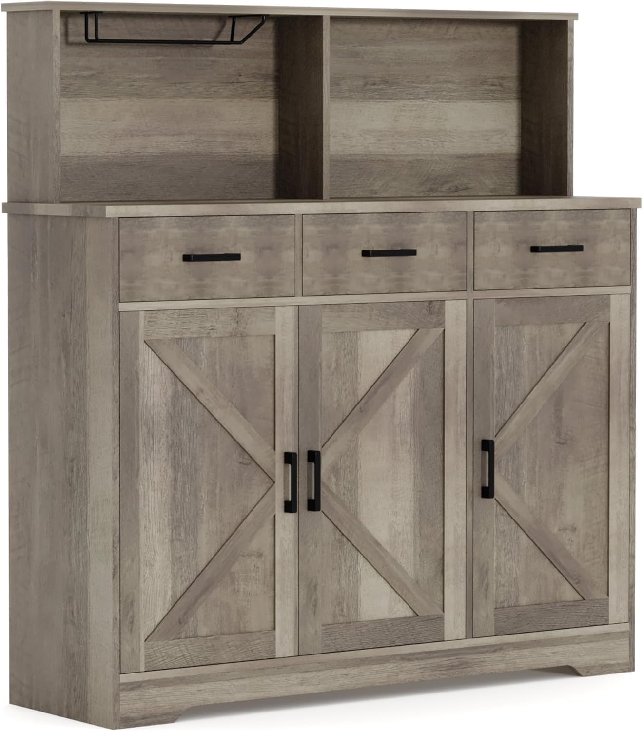 GarveeHome Farmhouse Sideboard Buffet with Microwave Stand, Barn Doors Buffet Storage Cabinet with Drawers and Shelves, Wood Coffee Bar Cabinet for Kitchen, Dining Room, Living Room, Grey