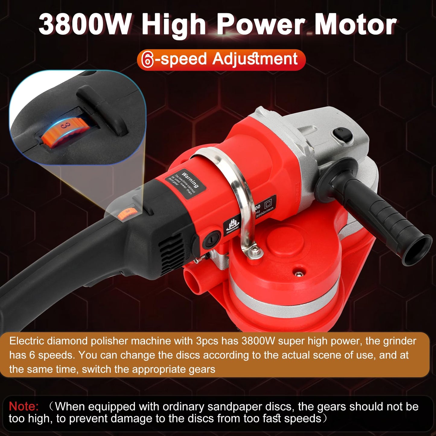 Electric Diamond Polisher Machine with Telescopic Rod，3800W Concrete Grinder Machine with 6-Speed Control & Dust Collection Cover, Floor Grinder for Grinding Concrete Deck Marble Granite