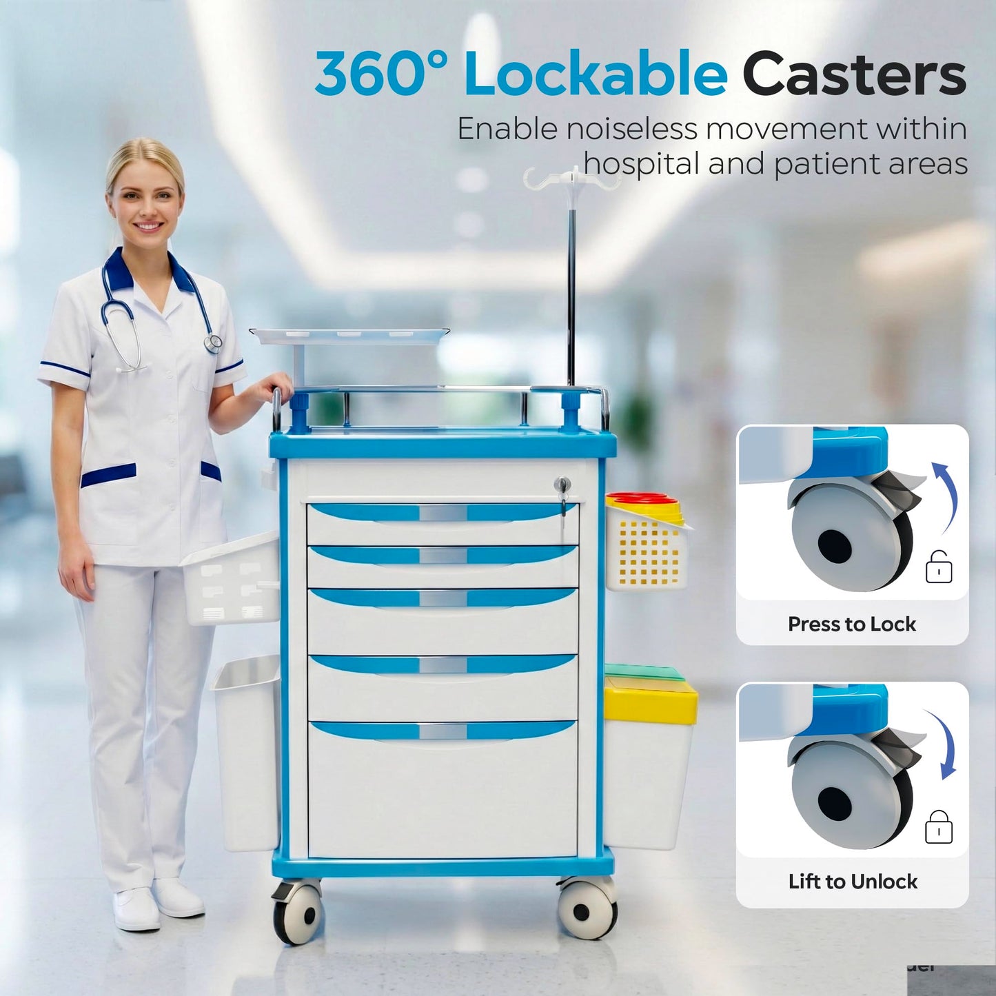 Fuzren Medical Rolling Storage Crash Cart with Wheels, 5-Tier Medical Cart with Drawers, Adjustable IV Pole, Trash Bin & O2 Holder, Needle Disposal Holder, Silent Casters, Ideal for Hospitals (Blue)