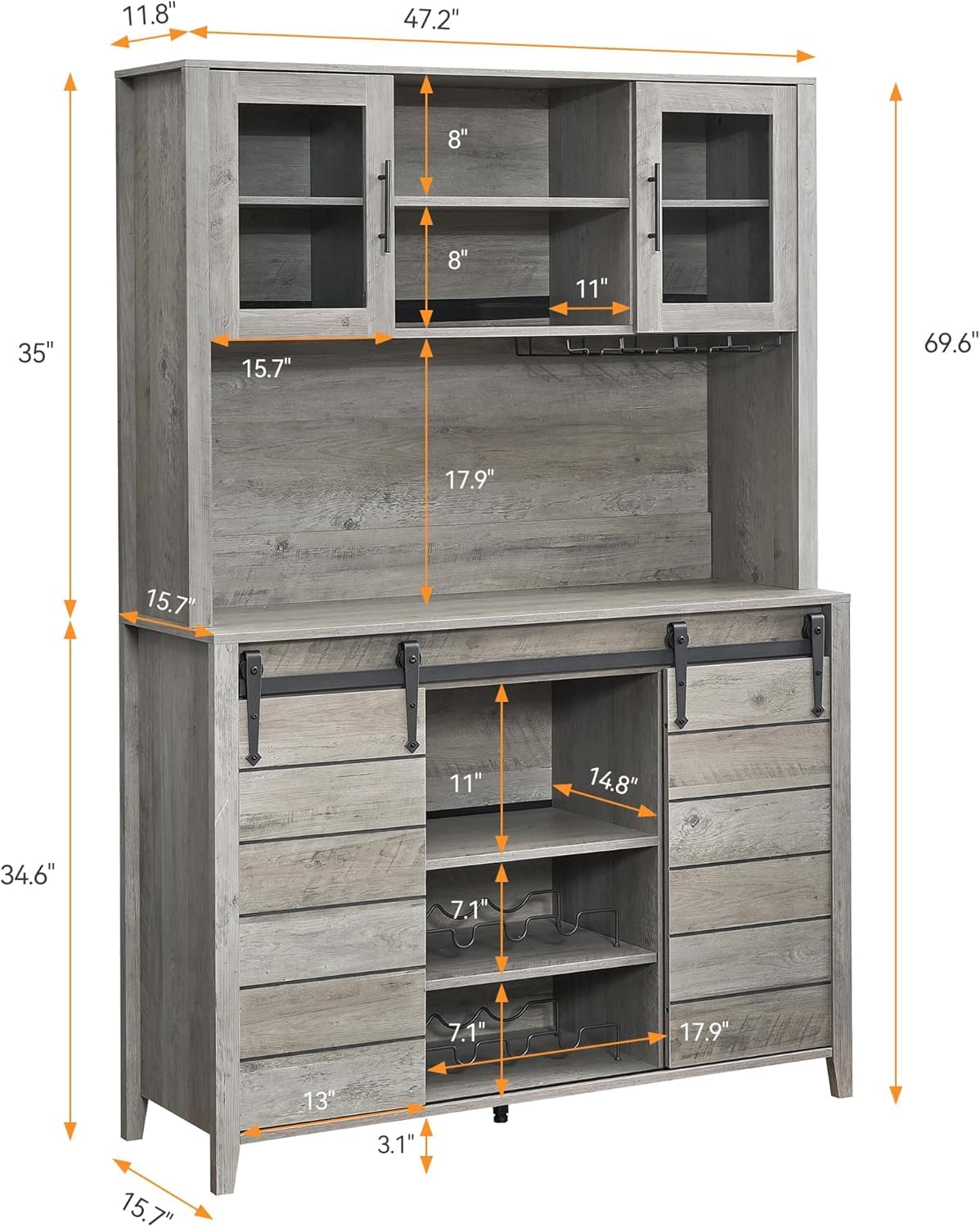 IDEALHOUSE 70'' Wine Coffee Bar Cabinet with Storage Hutch, Tall Kitchen Pantry Liquor Cabinet with Sliding Barn Doors, Bottle Glasses Rack, Farmhouse Buffet for Home Dining Room, Gray Oak