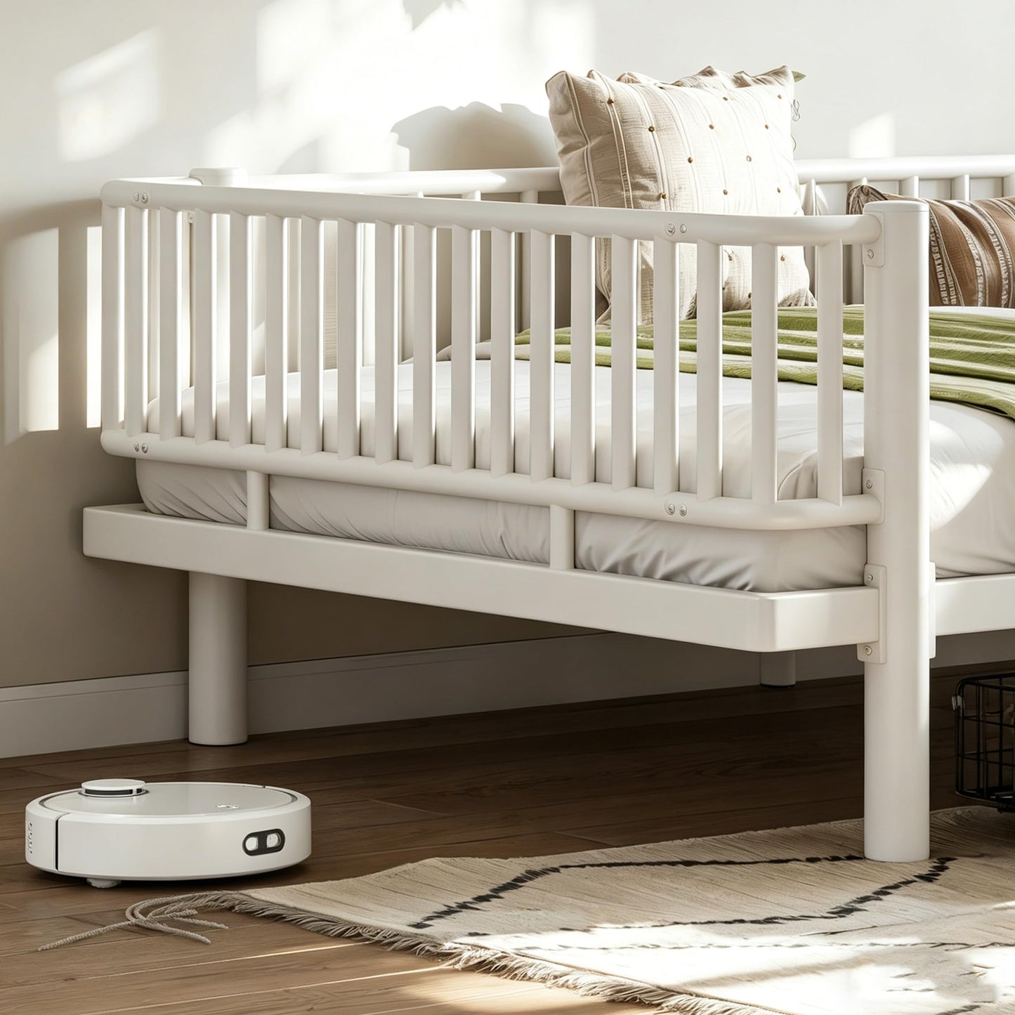 Bellemave Metal Kids Full Size Bed Frame with Storage Drawers and Detachable Fence,Full Size Montessori Bed with Slats and Fence,Metal Platform Bed,Low Profile Design,White