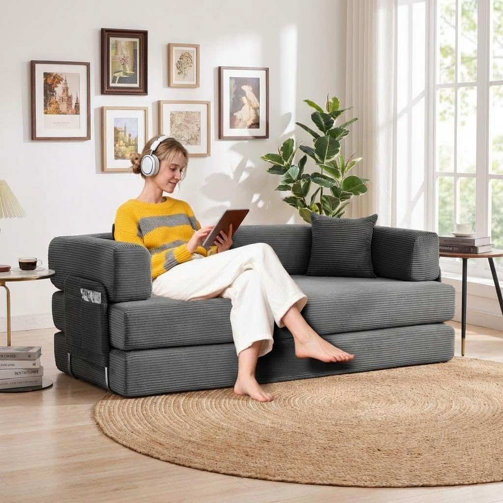GarveeLife 78.8" Modular Corduroy Sofa Bed,5 in 1 Convertible Futon Floor Couch with Pull-Out Sleeper,Multi-Functional Futon for Living Room Guest Room & Small Spaces
