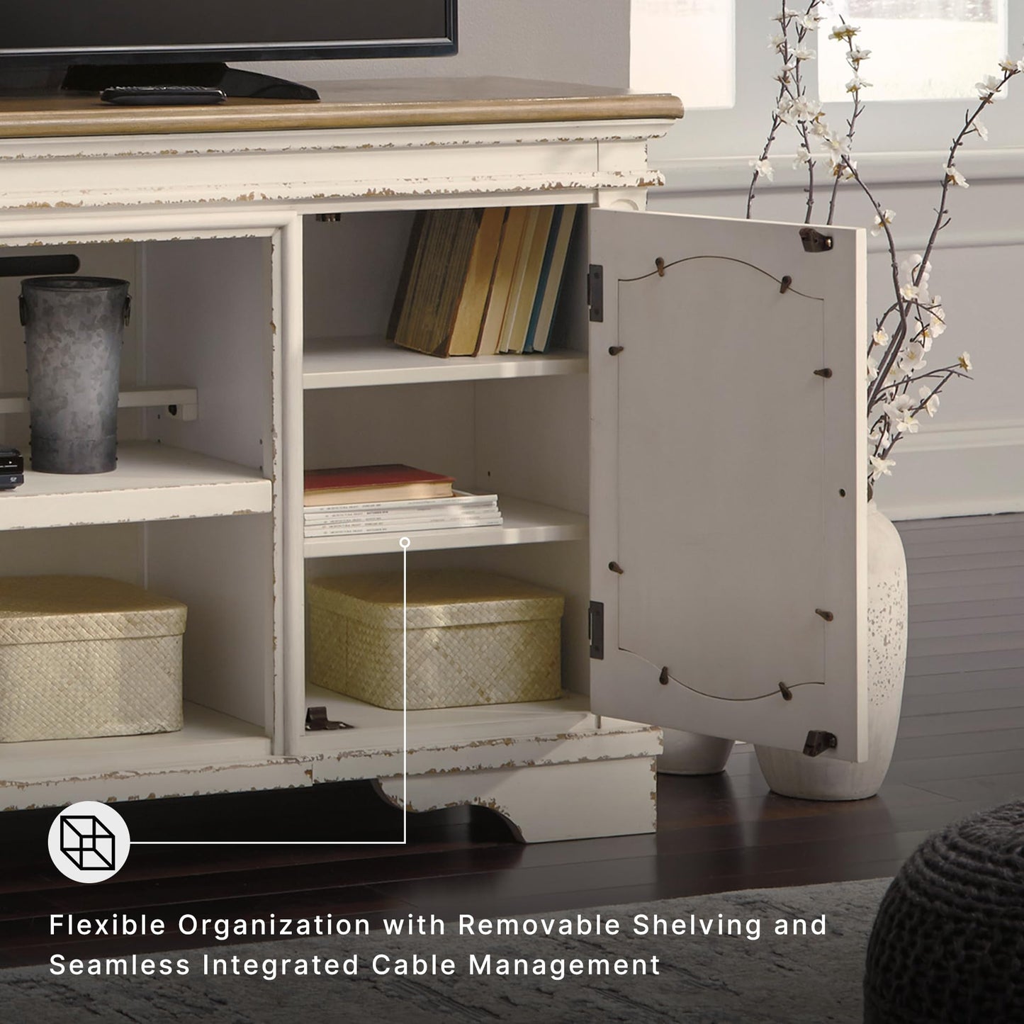 Signature Design by Ashley Realyn Fireplace TV Stand, 74 Inch Cottage Style Media Console, Wood, Engineered Wood and Veneers, Electric Infrared Insert, Fits TVs up to 85 Inch, Chipped White