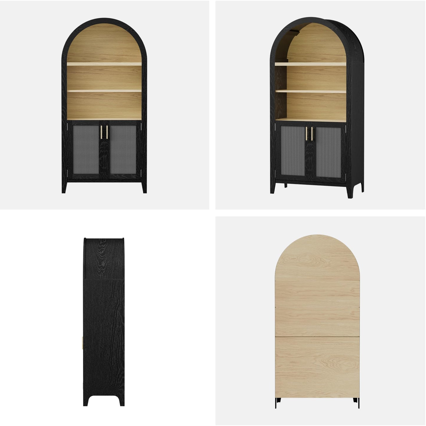 Topcomfy 63" Arched Bookshelf with Rattan Doors, Mid Century Modern Bookcase with Adjustable Shelves, 5-Tier Wood Storage Display Cabinet for Living Room, Home Office, Black