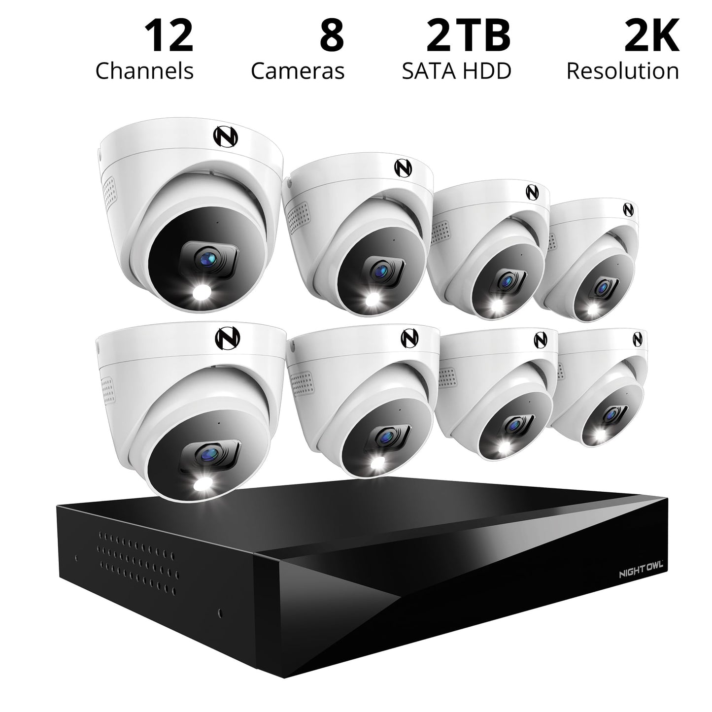 Night Owl 2-Way Audio 12 Channel DVR Video Home Security Camera System with (8) Wired 2K HD Indoor/Outdoor Deterrence Dome Cameras and 2TB Hard Drive (Add up to 4 Wi-Fi Cameras) (8 Camera)