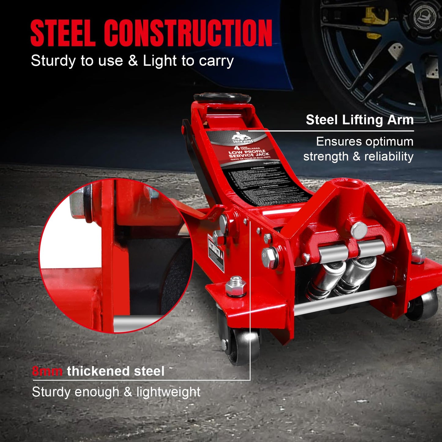 Jack Boss 4 Ton Floor Jack Hydraulic Low Profile Floor Jack with Dual Piston Quick Lift Pump, 4 Ton (8,800 lbs) Capacity, Red