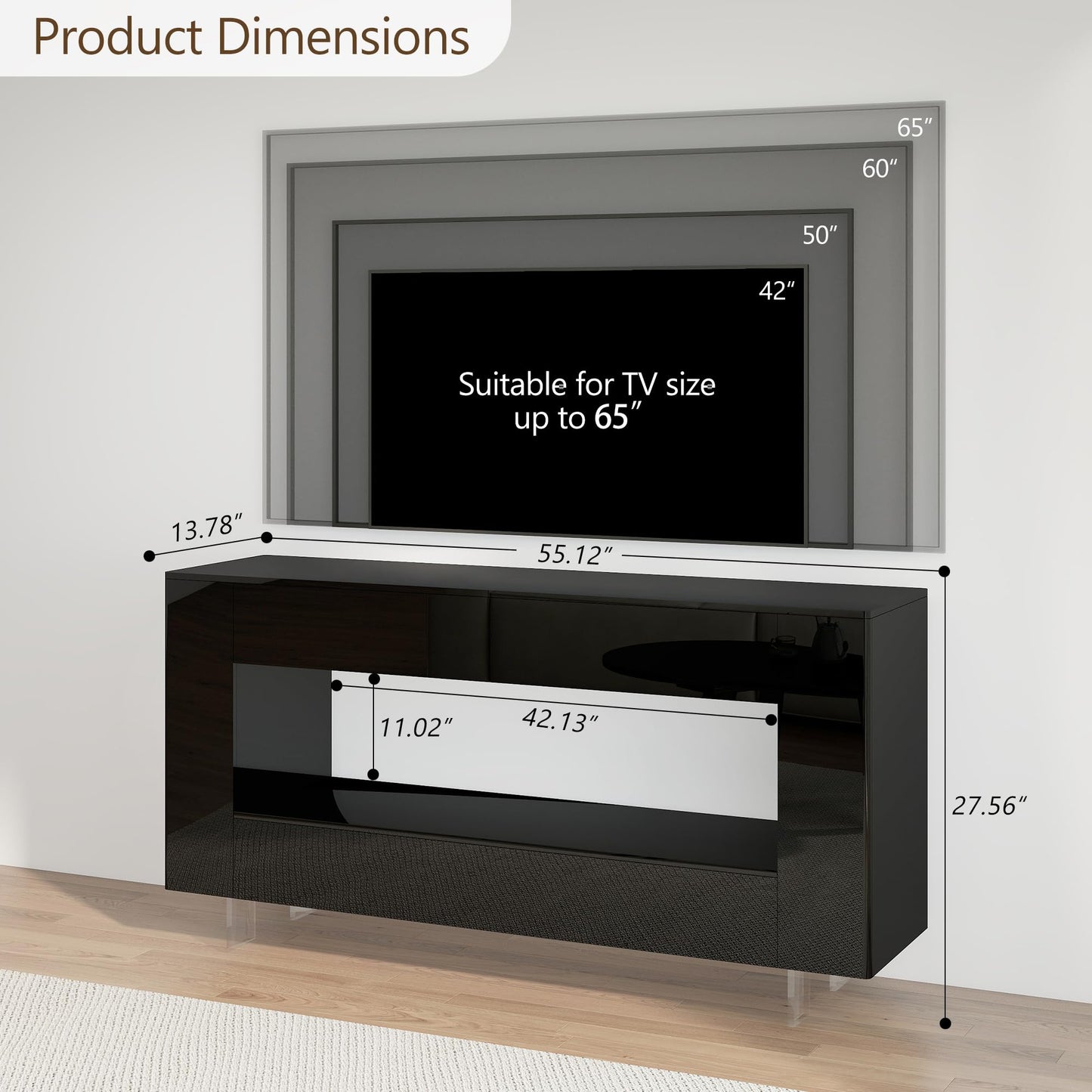 65" TV Stand with 2 Drawers & Hidden Storage Cabinets, High Gloss Black