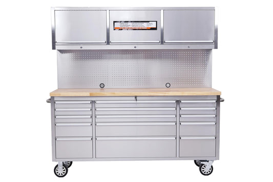 IDEALHOUSE 72 inch Rolling Tool Chest, Garage Workbench with 15 Drawers, Solid Rubber Wood Top & with Wheels Lock Key Locking, Mobile Workstation Tool Cabinet for Workshop Storage
