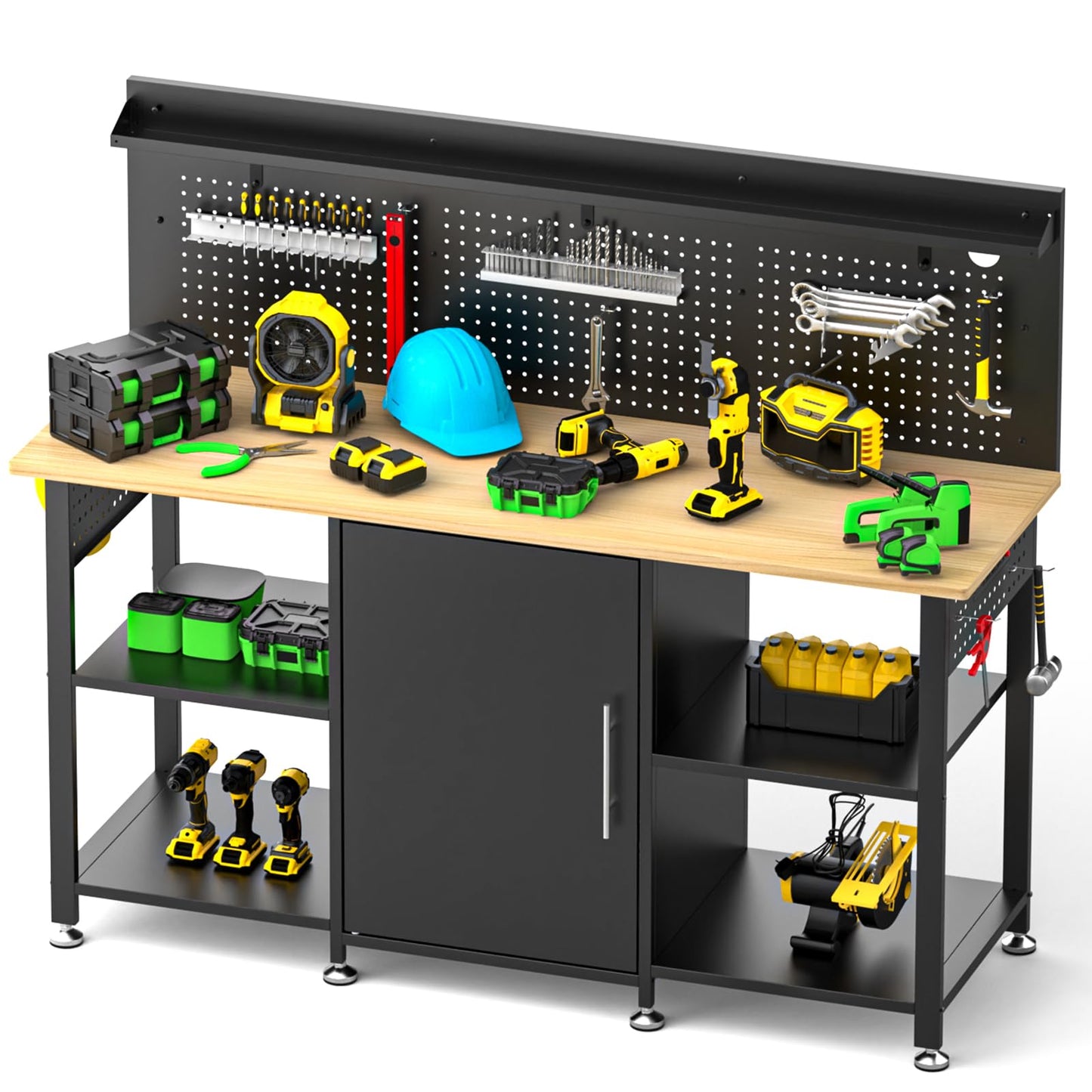 KEIKI 60 Inch Heavy Duty Workbench with Cabinet and Pegboard, Wooden Top Large Garage Work Table with Power Outlet and Open Side Shelves, 2000 lbs Capacity Steel Frame for Shop, Black