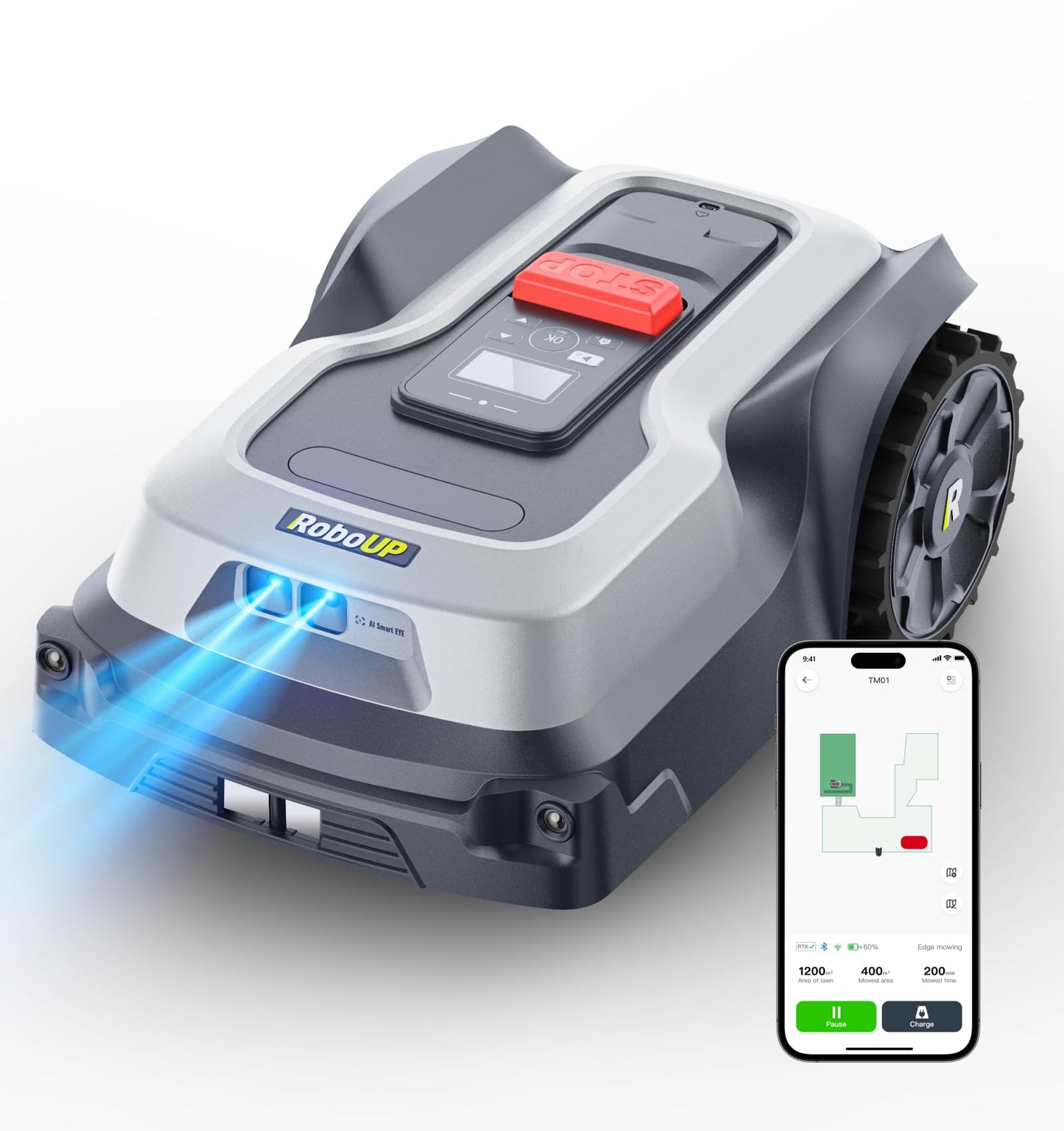 RoboUP T1200Pro Wire-Free Robot Lawn Mower, Automatic Robotic Mower for 0.37 Acre, RTK+Vision, AI Obstacle Avoidance, 1.18"-2.36" Adjustable Cutting Height, Unlimited Multi-Zone Mowing Robotic Mower