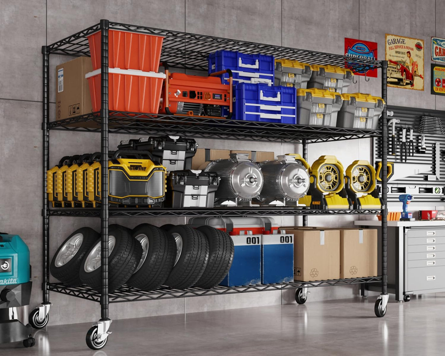 Mapleyard Heavy Duty Garage Shelving with Wheels: 55.5" W x 24" D x 81" H 4 Tier Wire Metal Storage Shelves, Adjustable NSF Commercial Shelf, Rolling Tote Rack Organizer for Pantry, Warehouse, Black