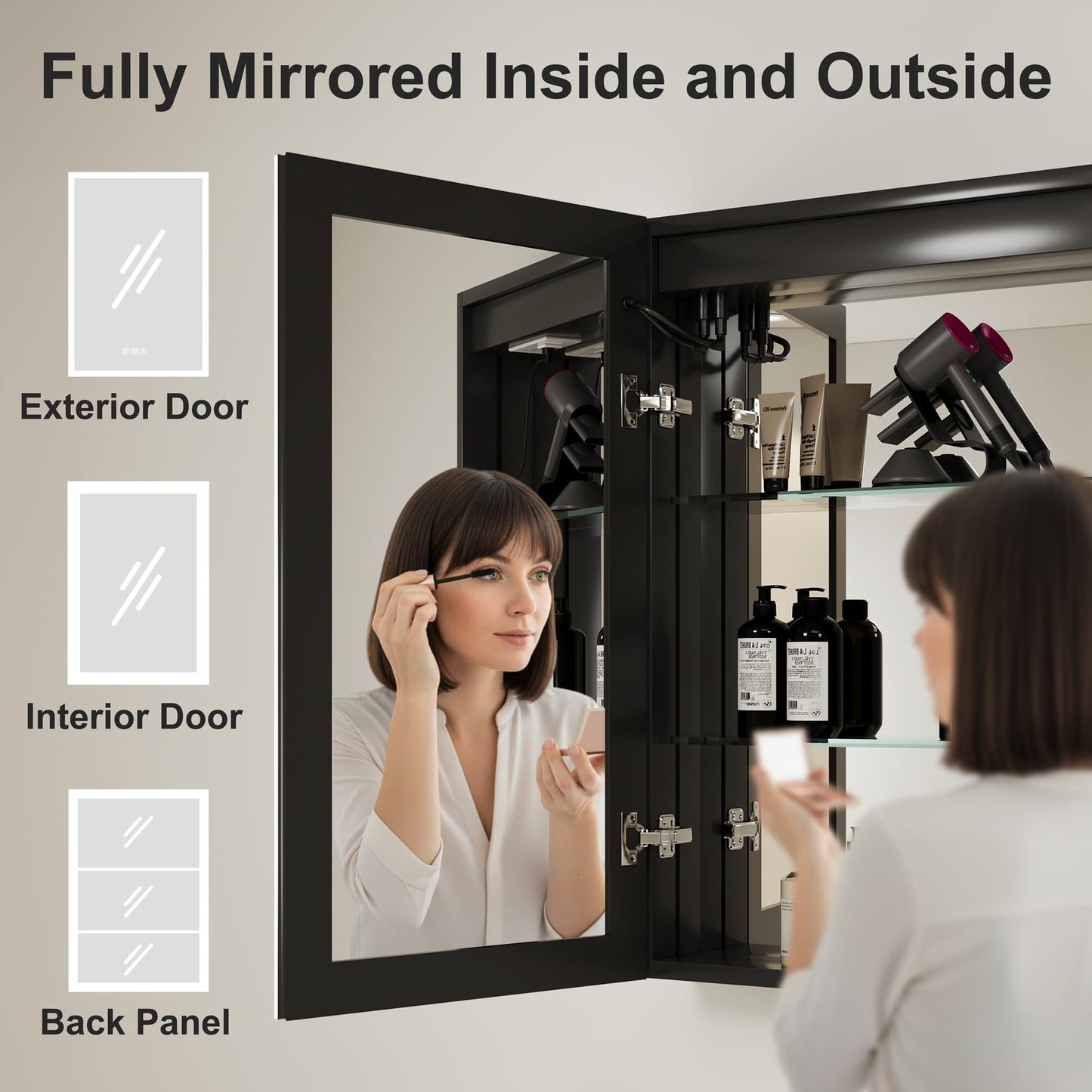 Buruis 60 x 32 Inch Medicine Cabinet with LED Lights and Mirror, Recessed/Wall Mounted Bathroom Cabinet, 3-Color Light, Defogger, Memory Function, Outlet & USB, Dimmer, Black